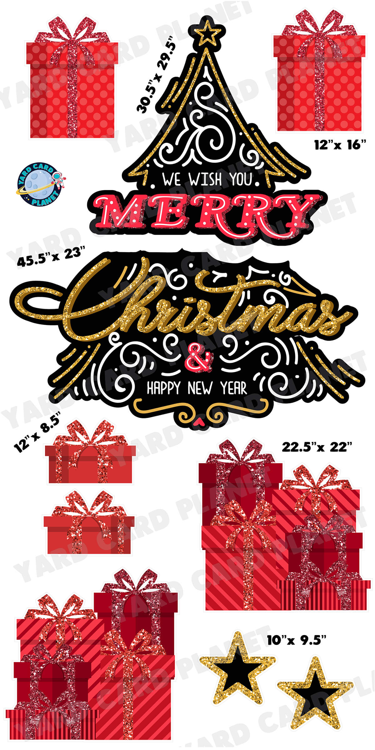 Extra Large Merry Christmas and Happy New Year Tree EZ Quick Set and Yard Card Flair Set