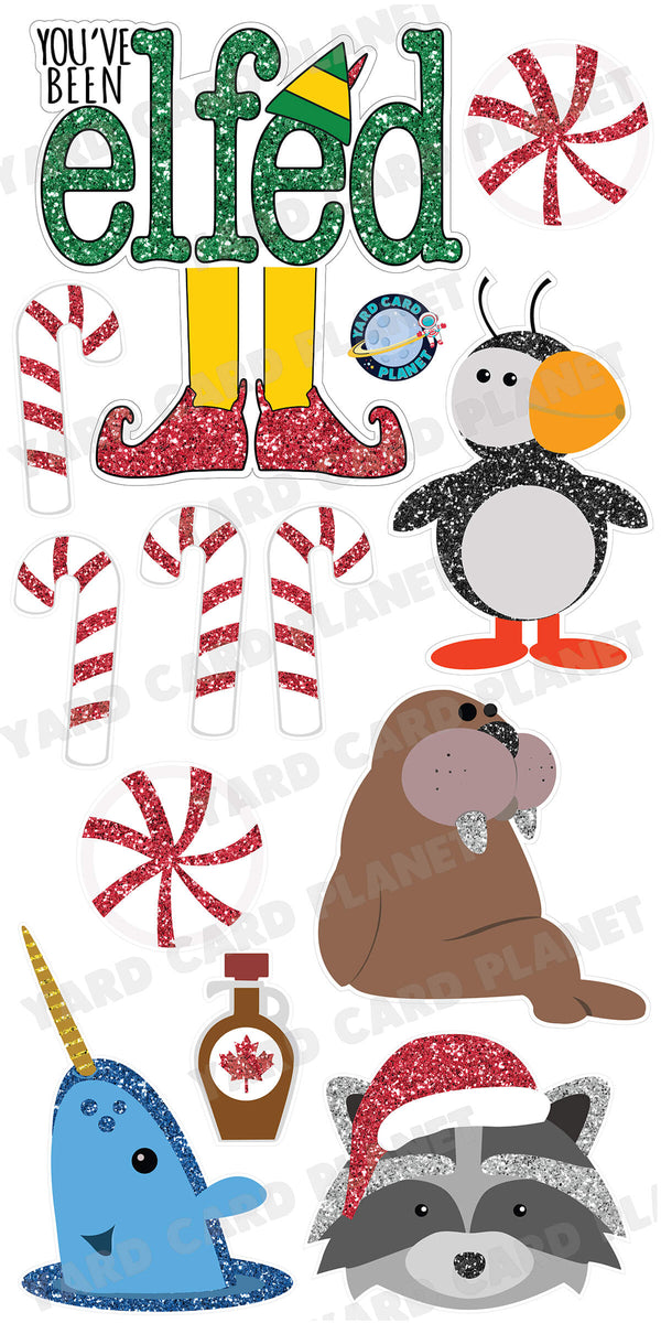 Glitter Pattern Christmas You've Been Elfed EZ Quick Sign and Elf Movie Yard Card Flair Set