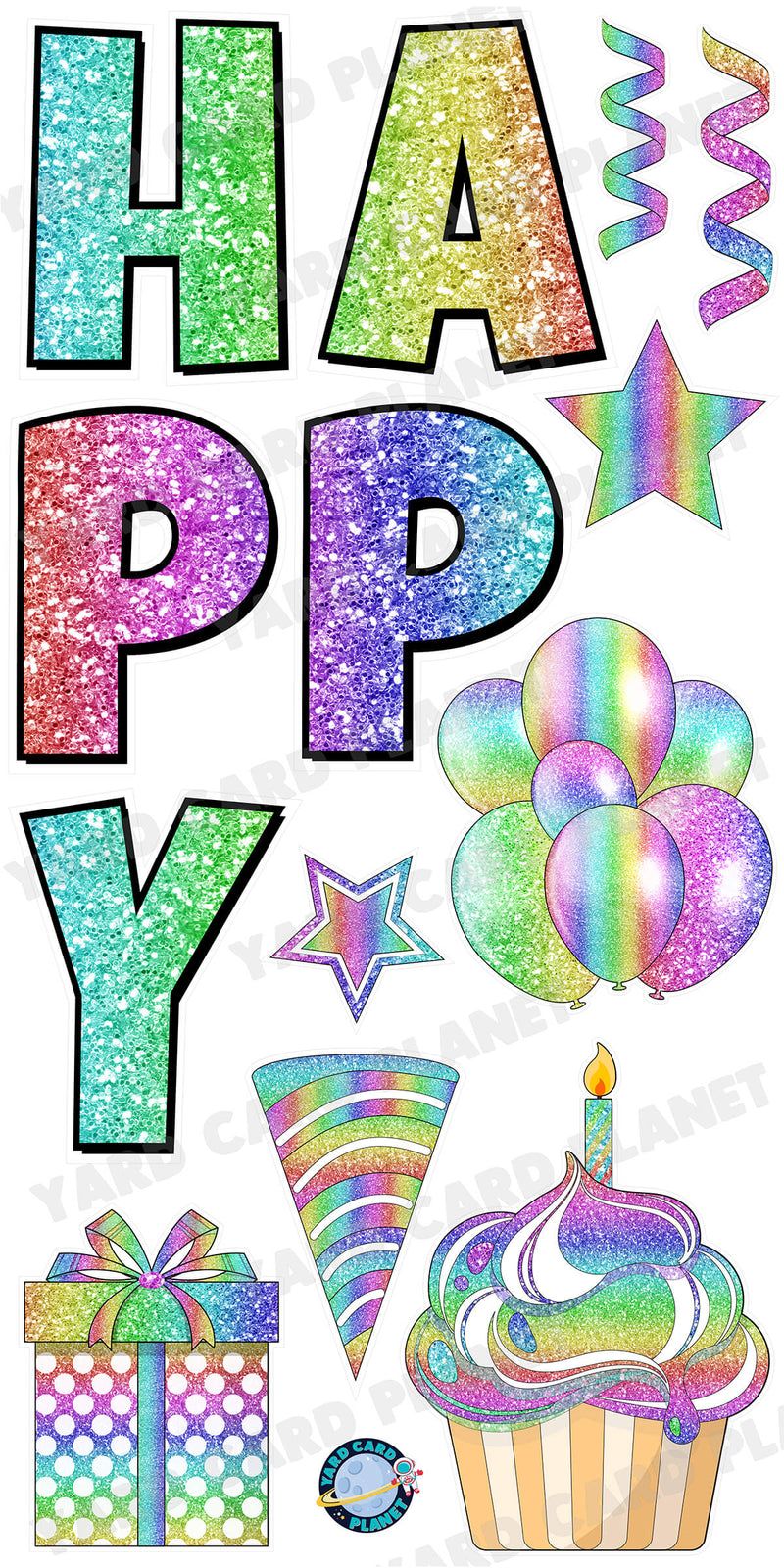 Large 23.5" Glitter Rainbow Happy Birthday Individual Letters in Luckiest Guy Font and Birthday Flair Set