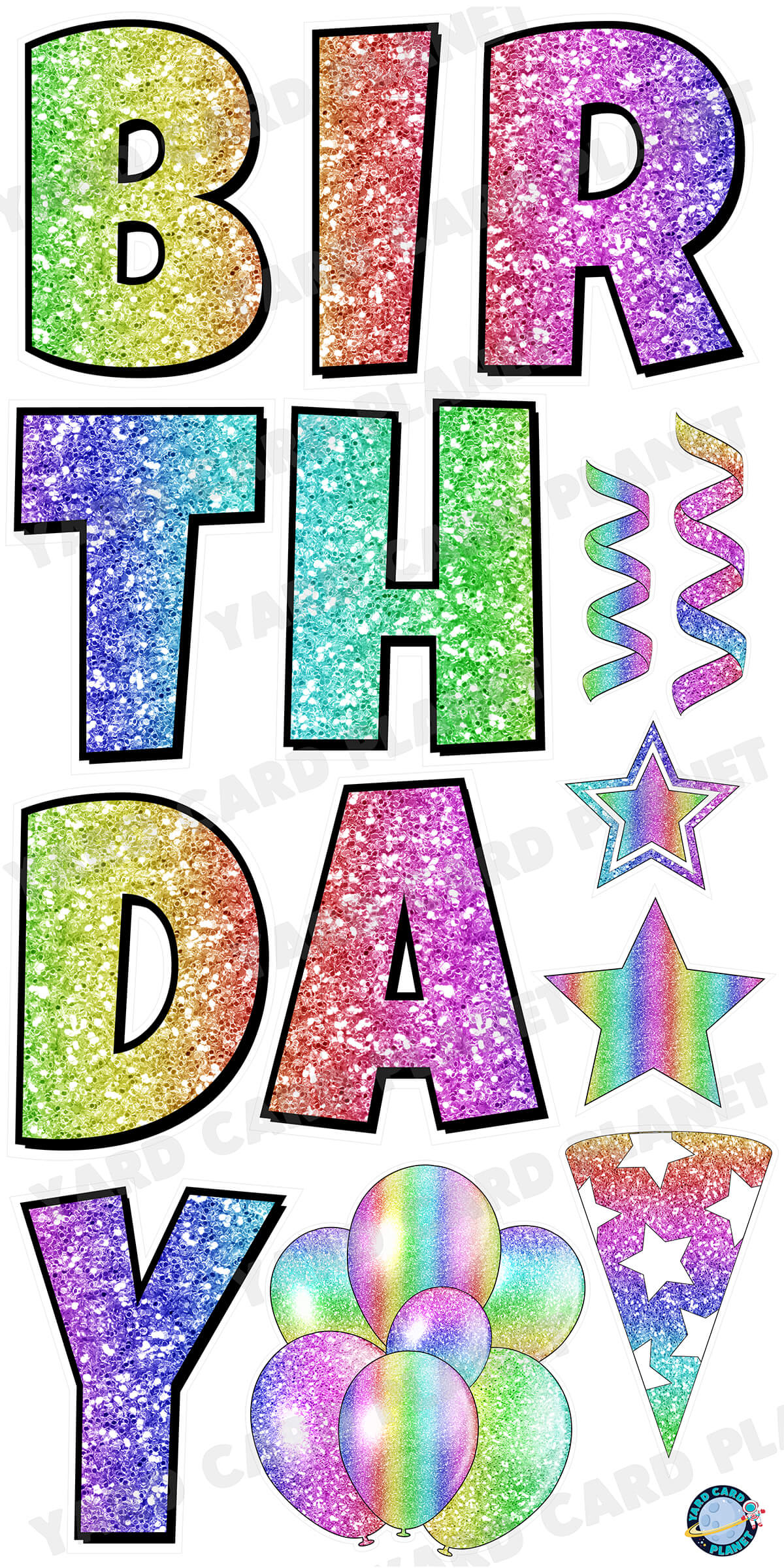 Large 23.5" Glitter Rainbow Happy Birthday Individual Letters in Luckiest Guy Font and Birthday Flair Set