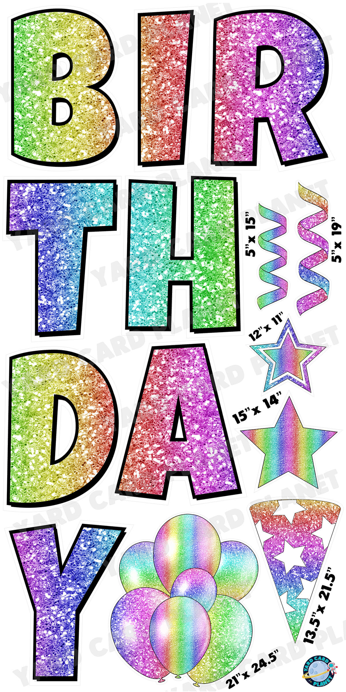 Large 23.5" Glitter Rainbow Happy Birthday Individual Letters in Luckiest Guy Font and Birthday Flair Set