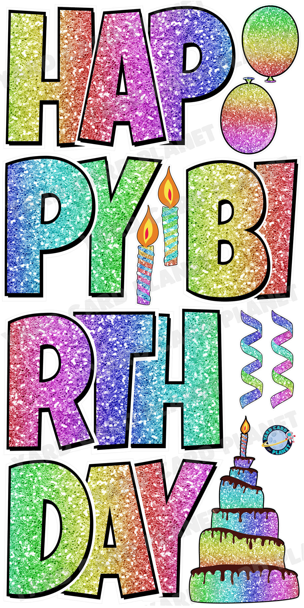 Large 23.5" Horizontal Glitter Rainbow Happy Birthday Yard Card EZ Quick Set in Luckiest Guy Font and Birthday Flair