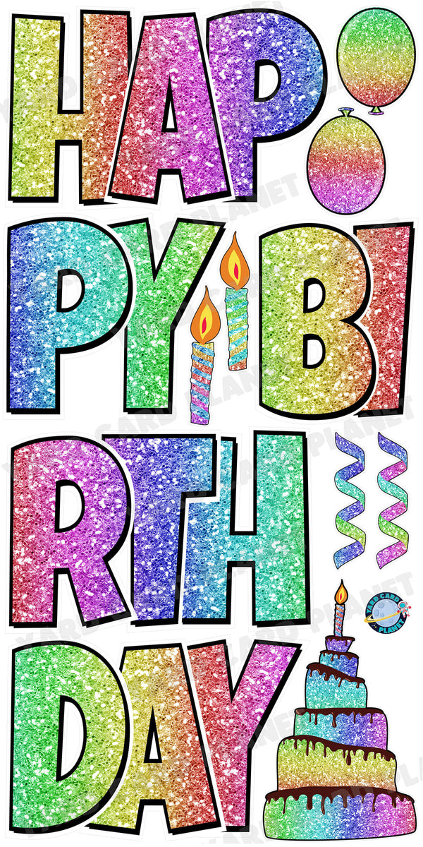 Large 23.5" Horizontal Glitter Rainbow Happy Birthday Yard Card EZ Quick Set in Luckiest Guy Font and Birthday Flair