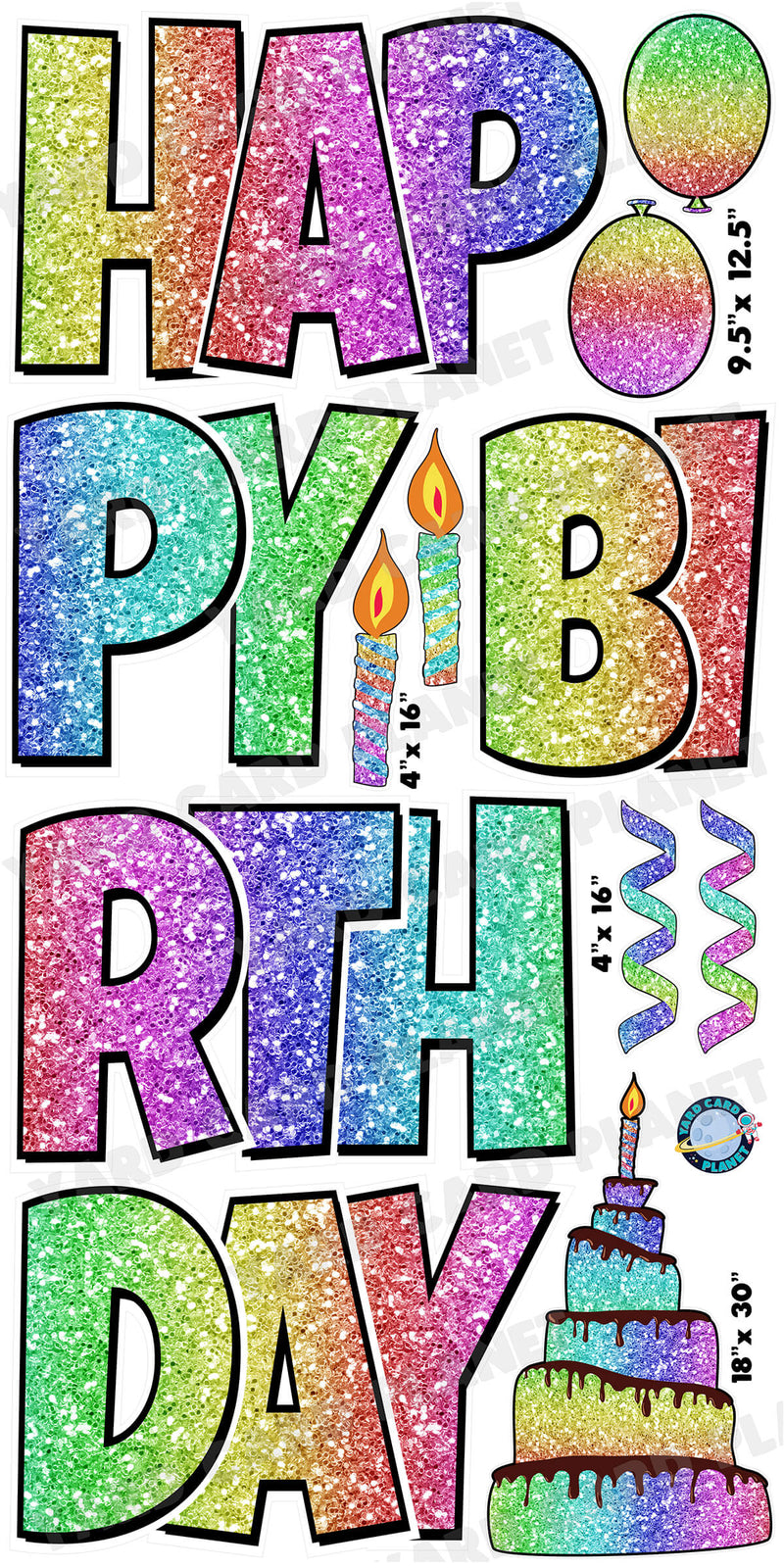 Large 23.5" Horizontal Glitter Rainbow Happy Birthday Yard Card EZ Quick Set in Luckiest Guy Font and Birthday Flair