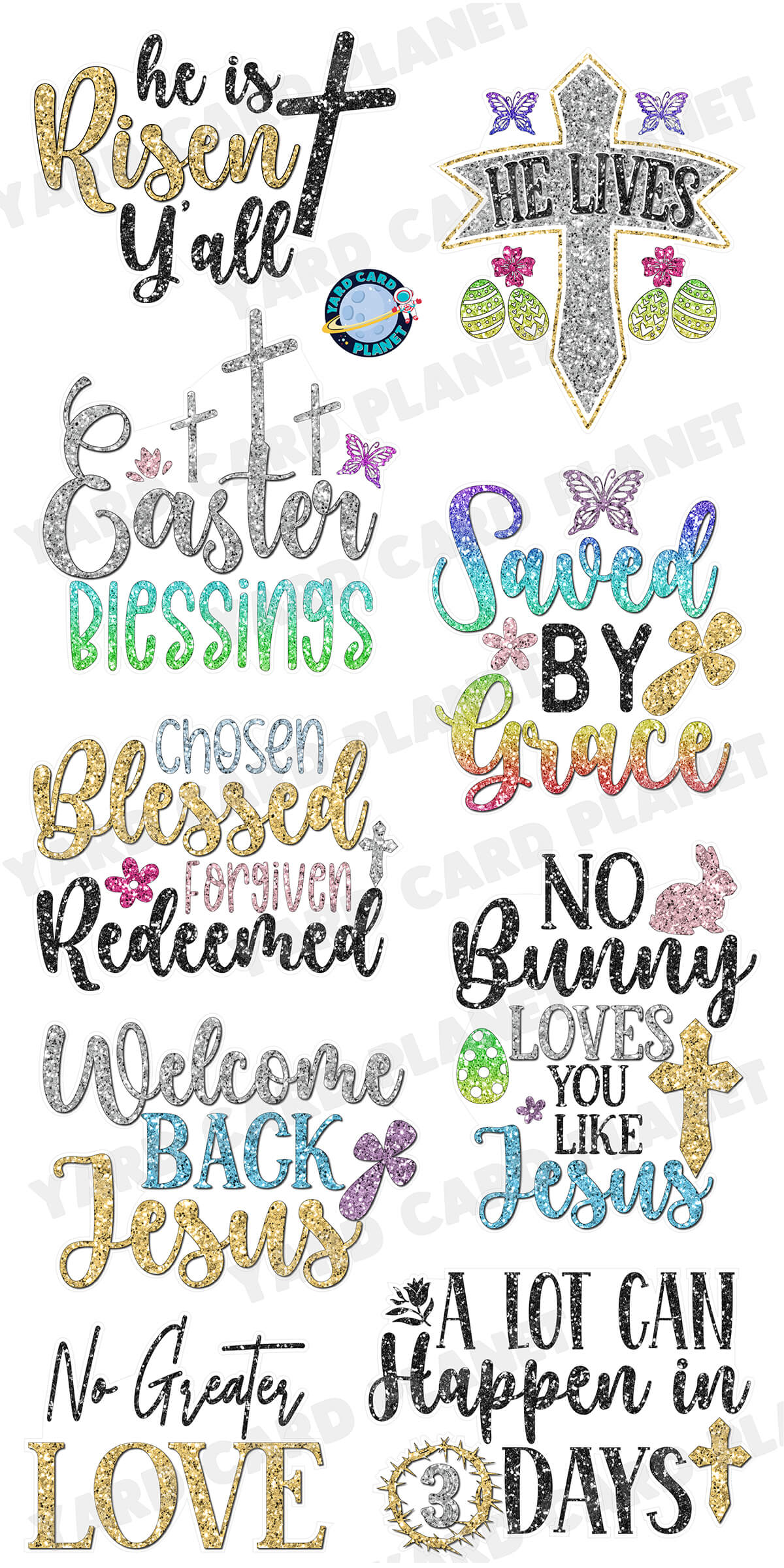 Glitter Pattern Easter Sayings Yard Card Signs Set