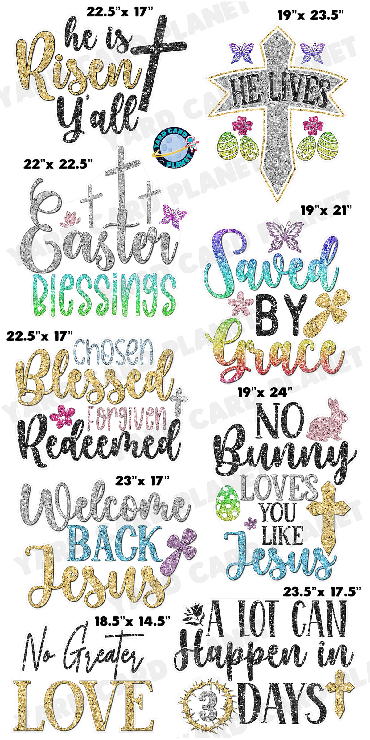 Glitter Pattern Easter Sayings Yard Card Signs Set