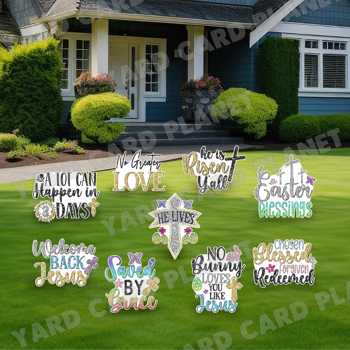 Glitter Pattern Easter Sayings Yard Card Signs Set