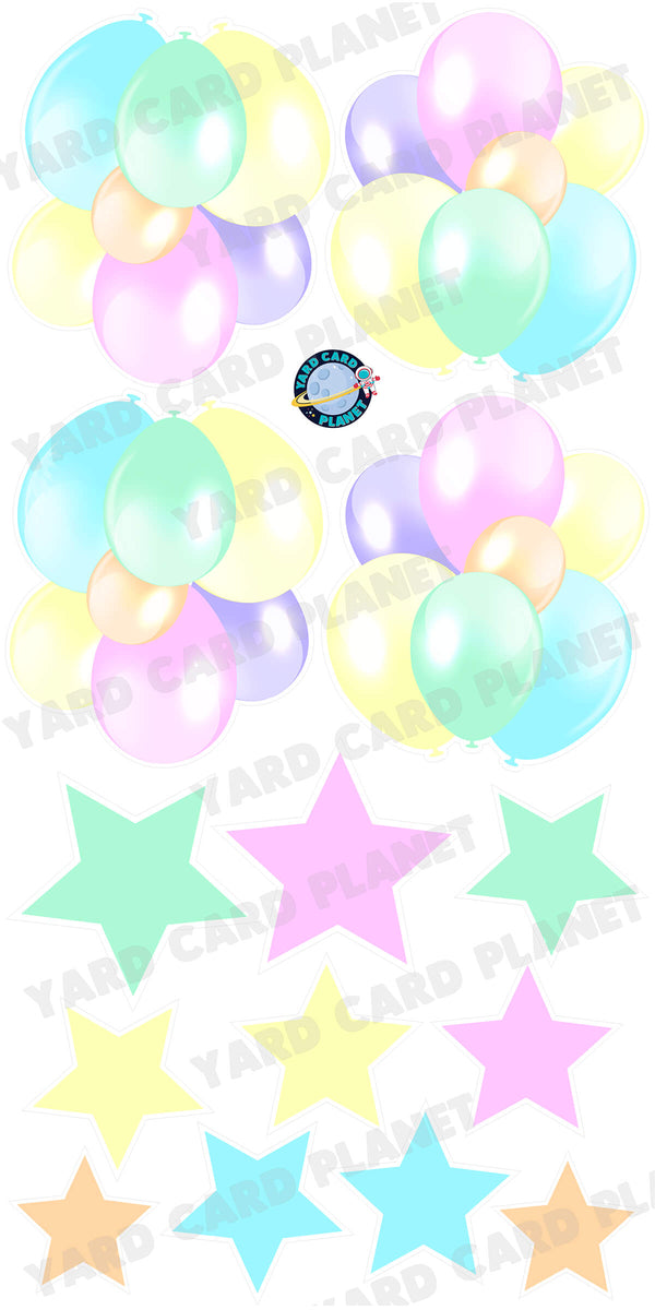 Multi Pastel Colored Balloon Bouquets and Stars Yard Card Set