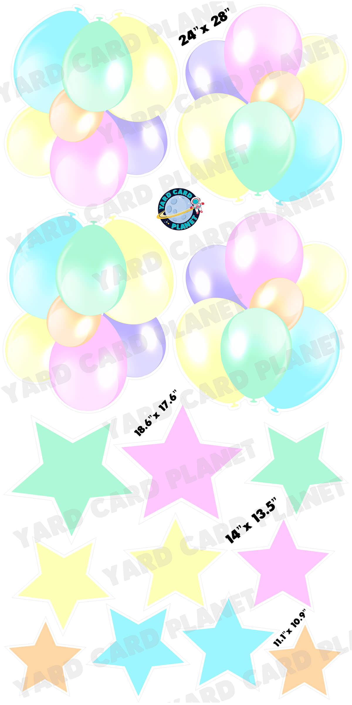 Multi Pastel Colored Balloon Bouquets and Stars Yard Card Set