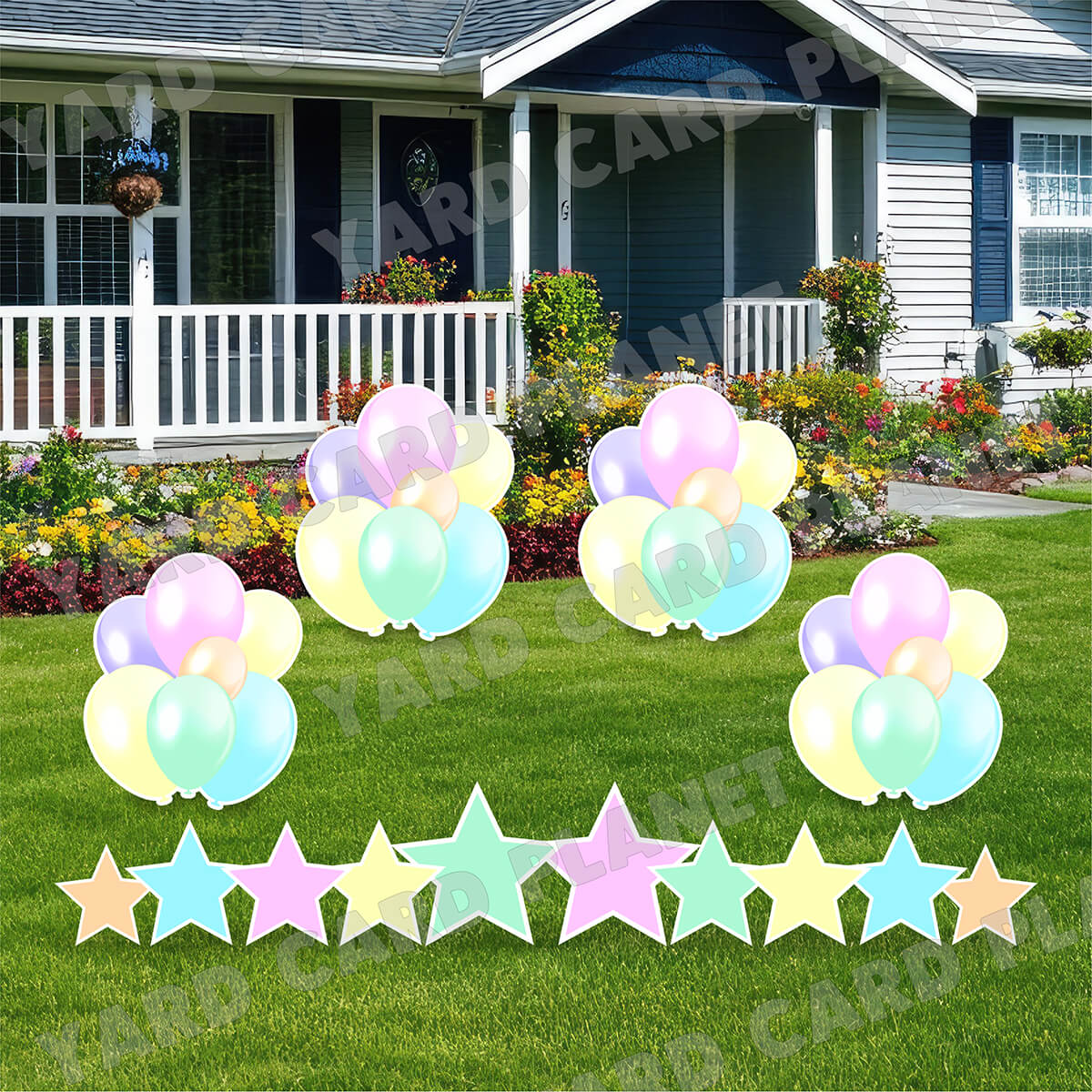 Multi Pastel Colored Balloon Bouquets and Stars Yard Card Set