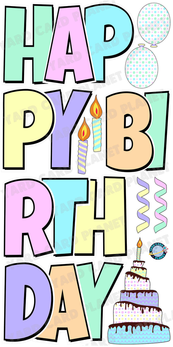Large 23.5" Multi Pastel Colored Happy Birthday Yard Card EZ Quick Set in Luckiest Guy Font and Birthday Flair