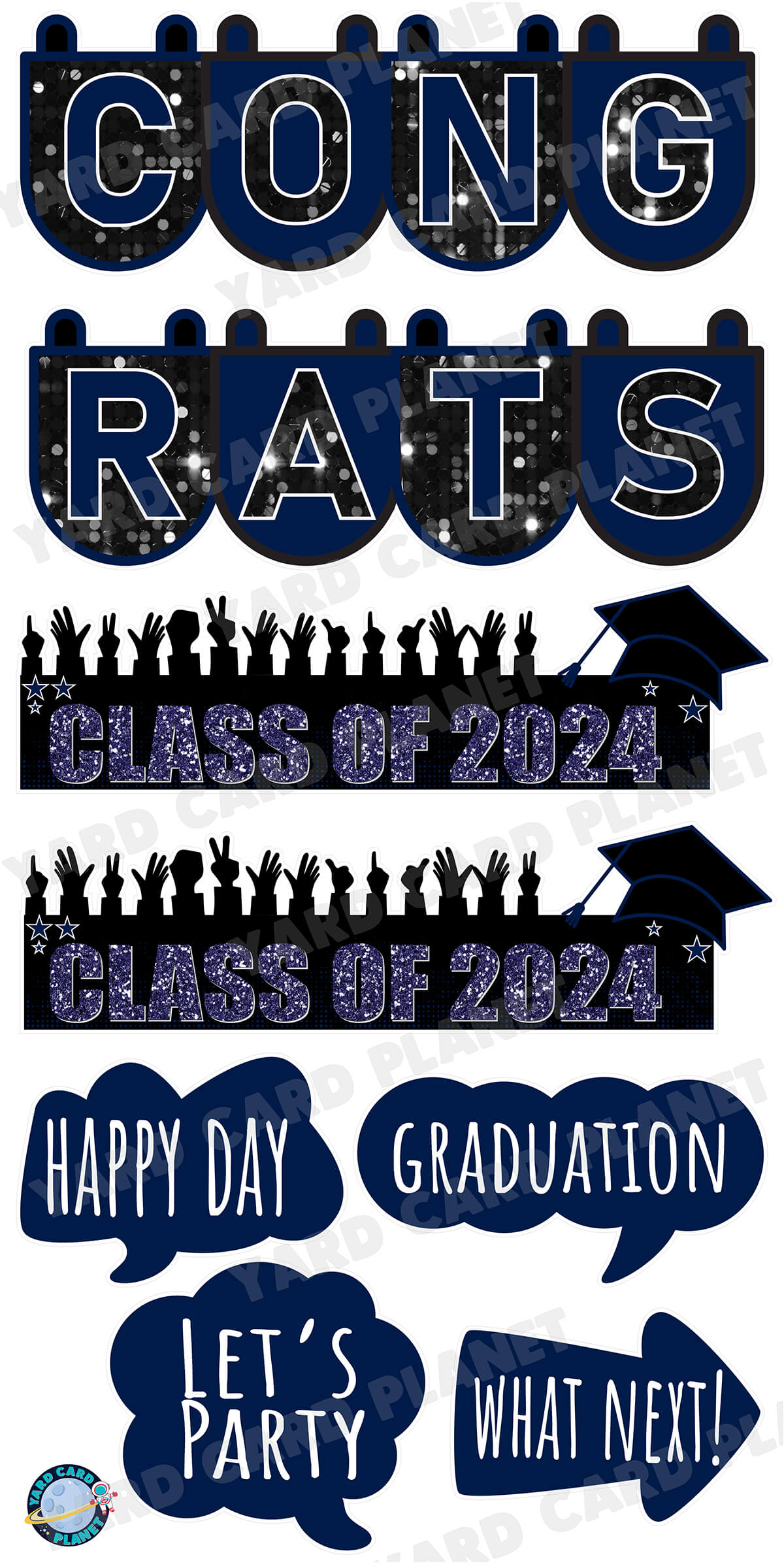 Congrats Graduation in Navy Blue EZ Setup Panels and Signs Yard Card Set