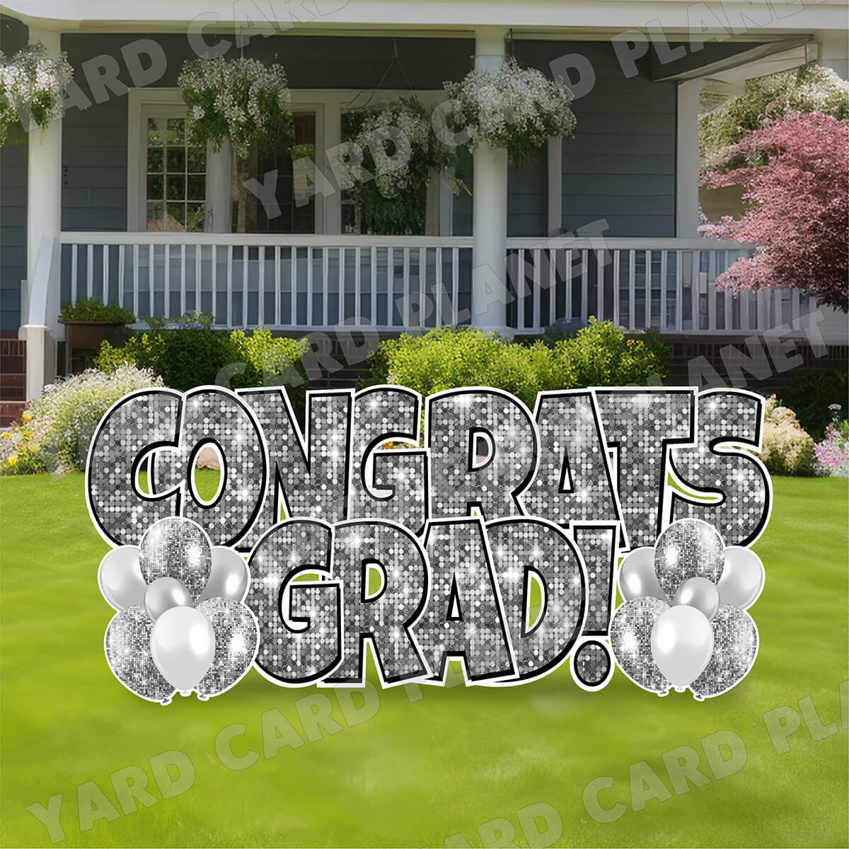 Large 23.5" Congrats Grad! Yard Card EZ Quick Sets in Luckiest Guy Font in Sequin Pattern - (Available in Multiple Colors)