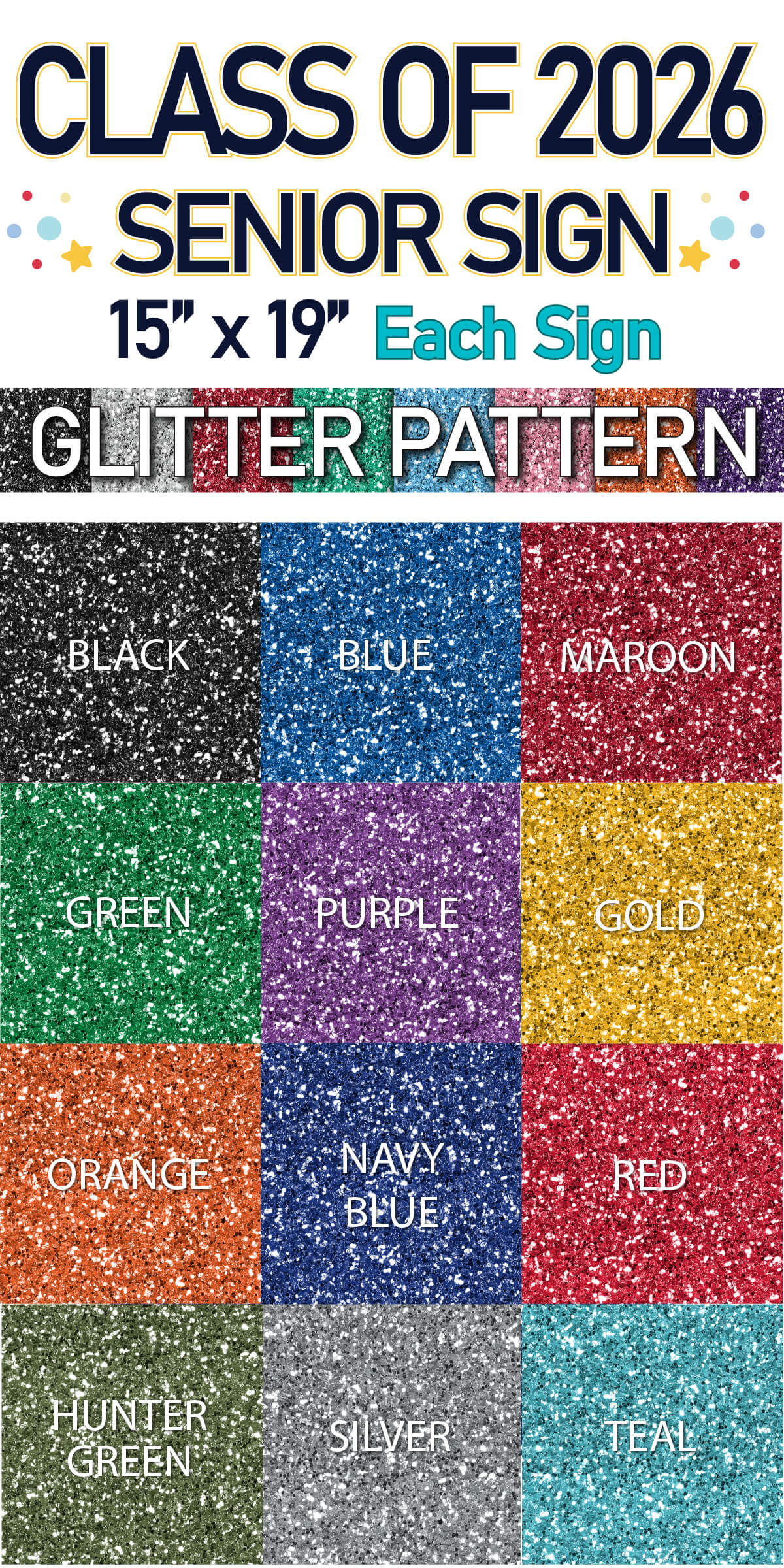 Class of 2026 Senior Yard Card Sign Keepsakes in Glitter Pattern - (Available in Multiple Colors)