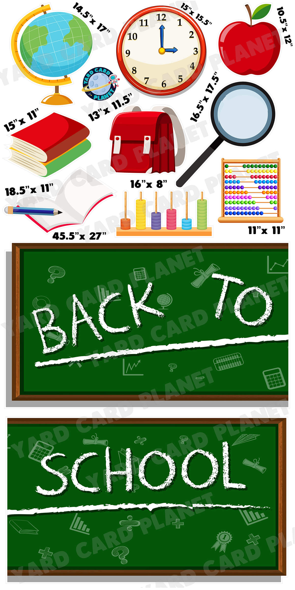 Back To School Chalkboard EZ Quick Signs and School Supplies Yard Card Flair Set