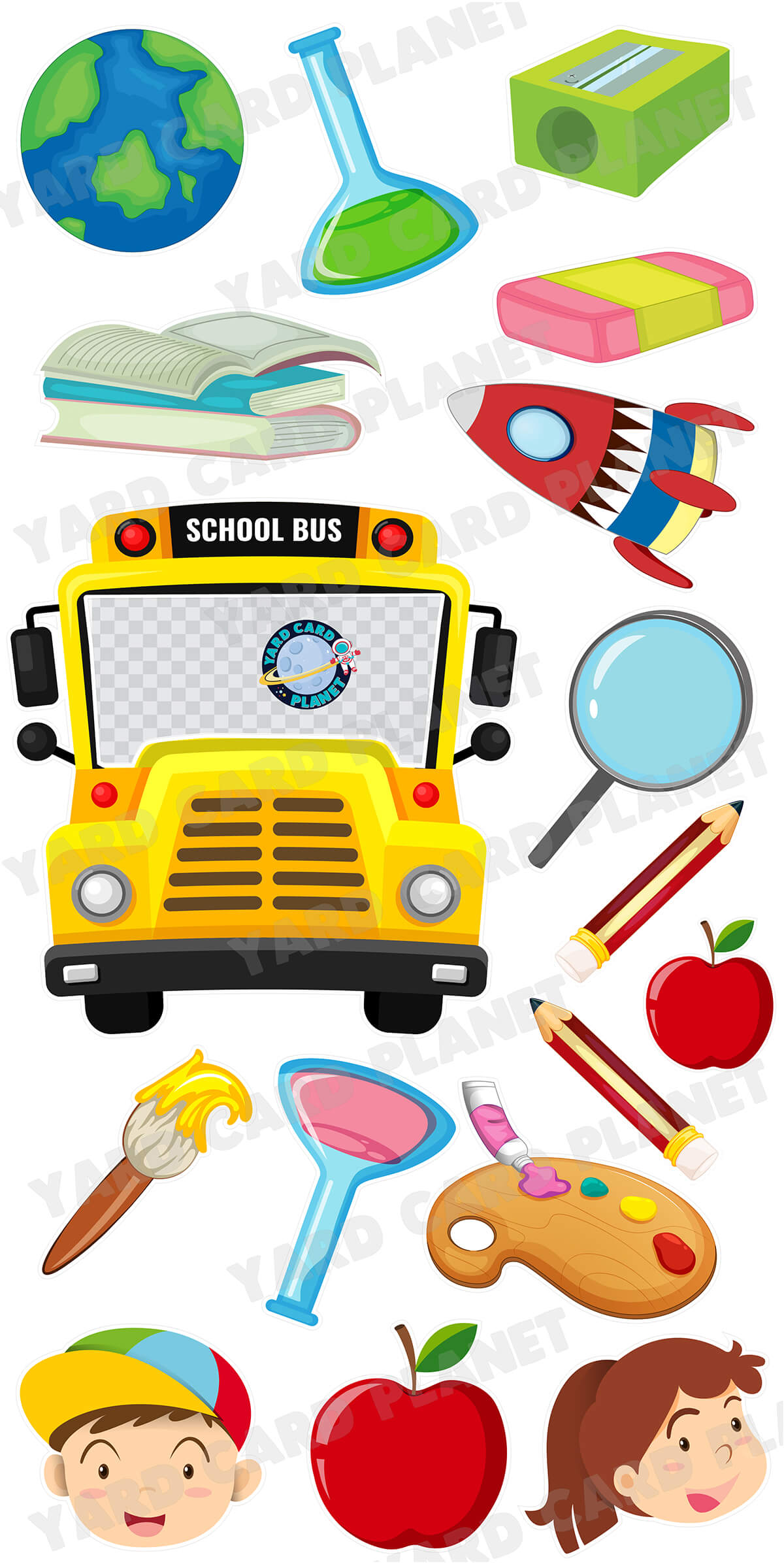 School Bus EZ Quick Frame and School Supplies Yard Card Flair Set