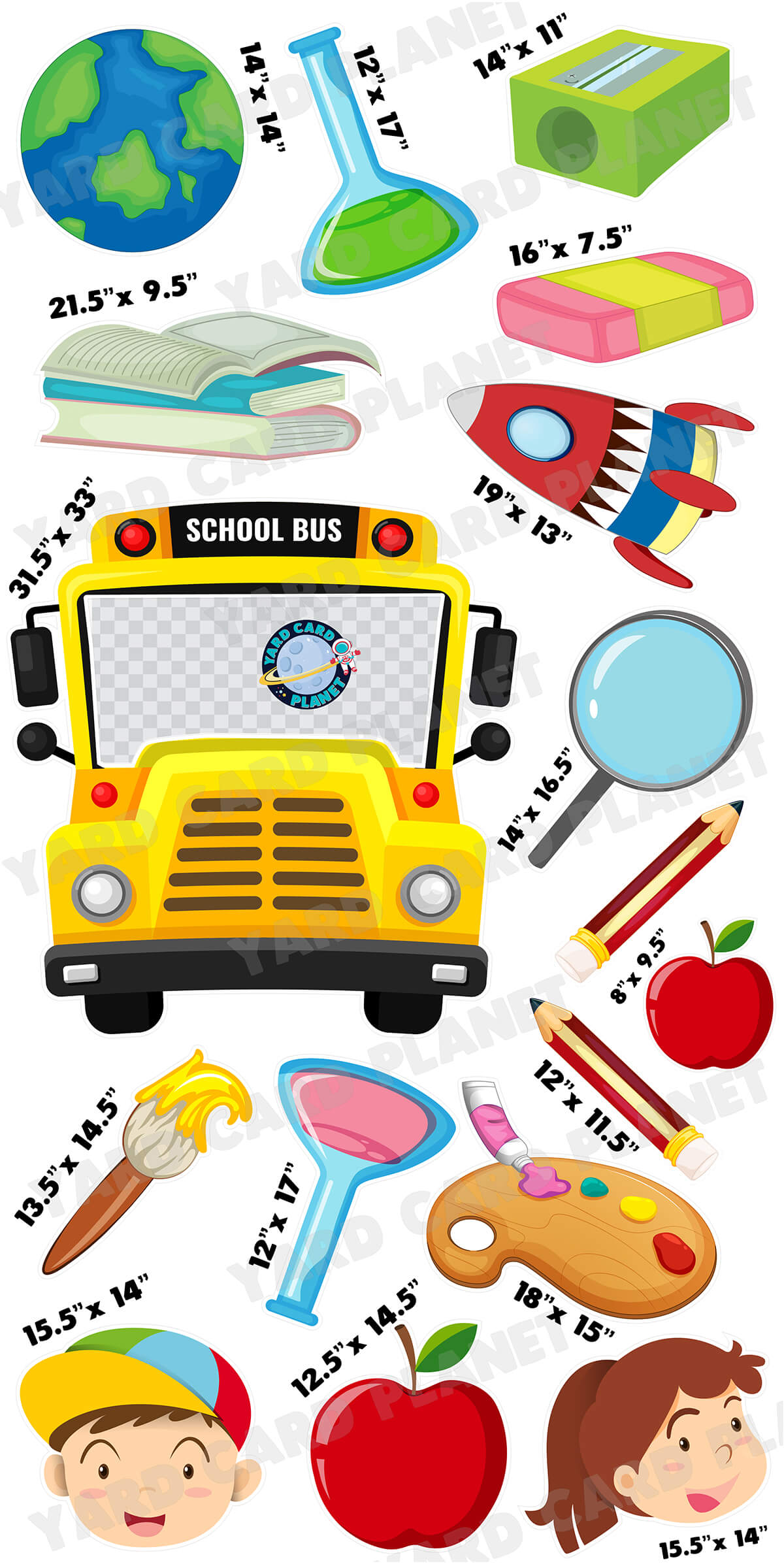 School Bus EZ Quick Frame and School Supplies Yard Card Flair Set