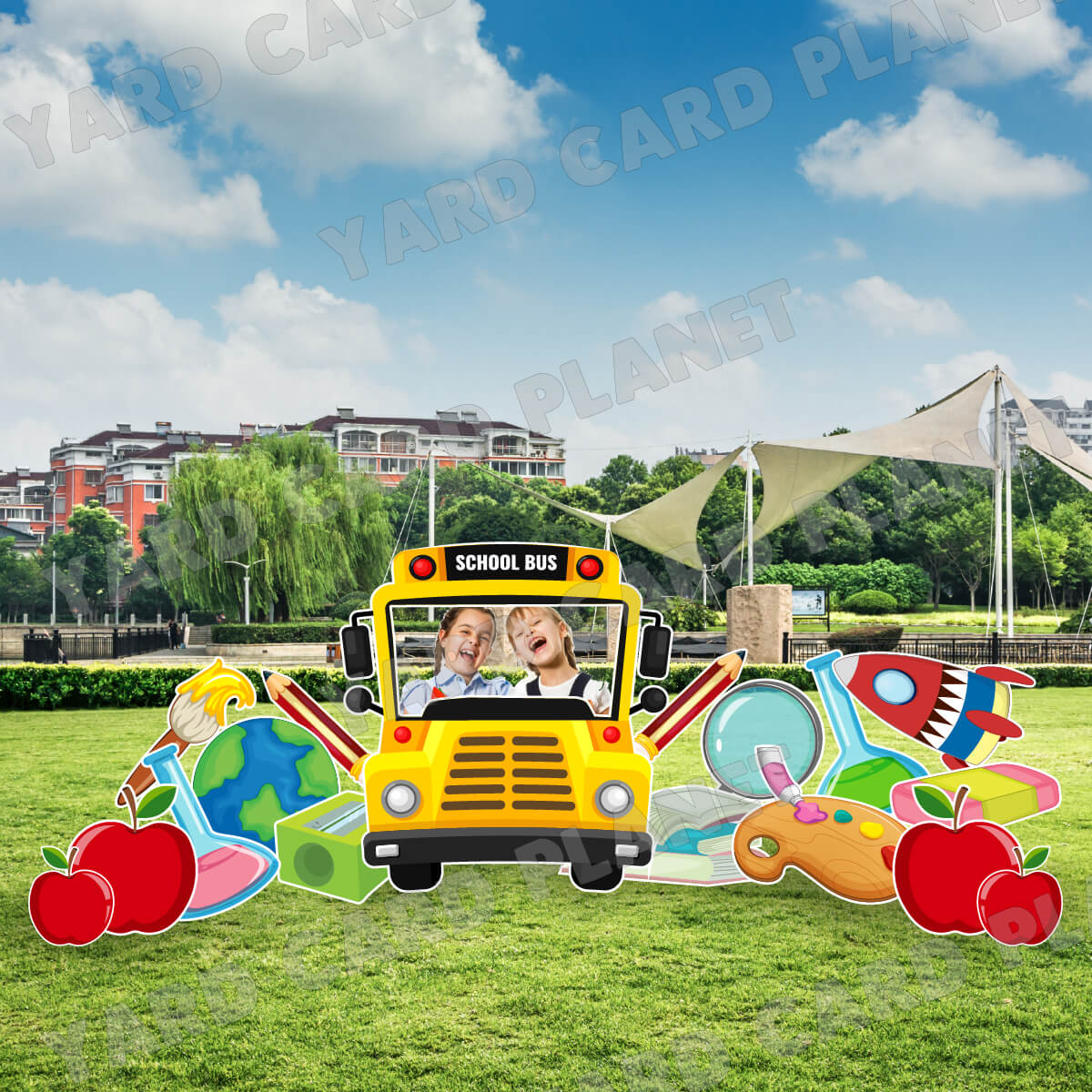 School Bus EZ Quick Frame and School Supplies Yard Card Flair Set
