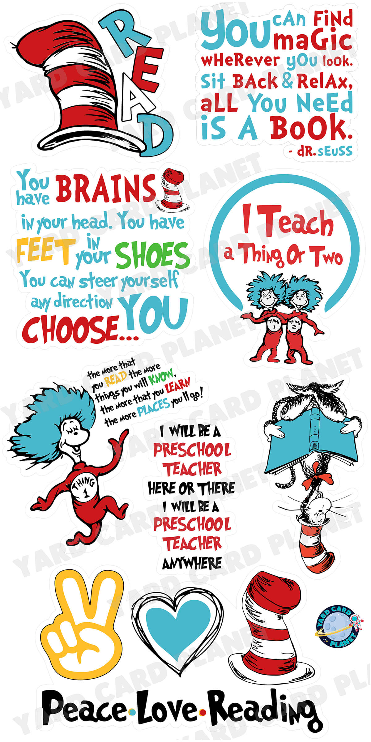 Teacher Reading Dr. Seuss Inspired Sayings Yard Card Flair Set