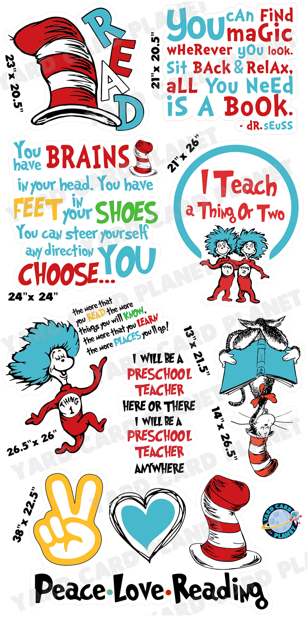 Teacher Reading Dr. Seuss Inspired Sayings Yard Card Flair Set