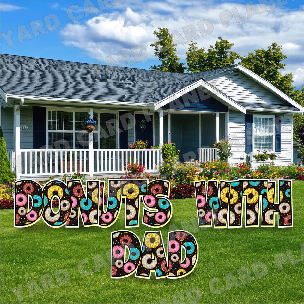 Large 23" Donuts With Dad Yard Card EZ Quick Set in Luckiest Guy Font