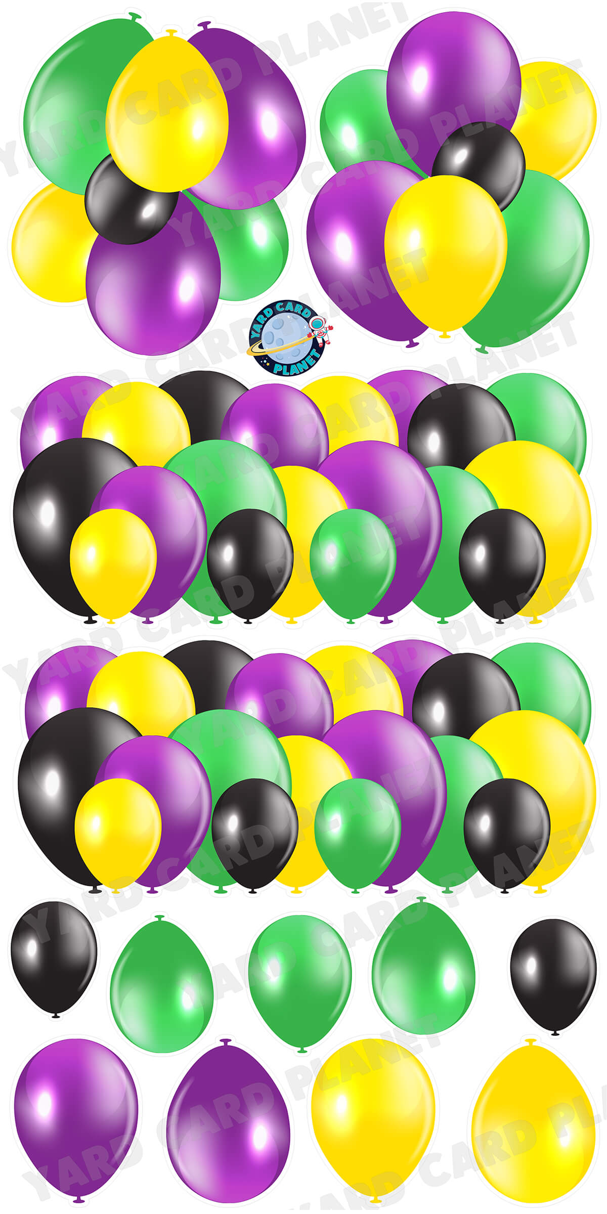 Mardi Gras Colored Balloon Panels, Bouquets and Singles Yard Card Set