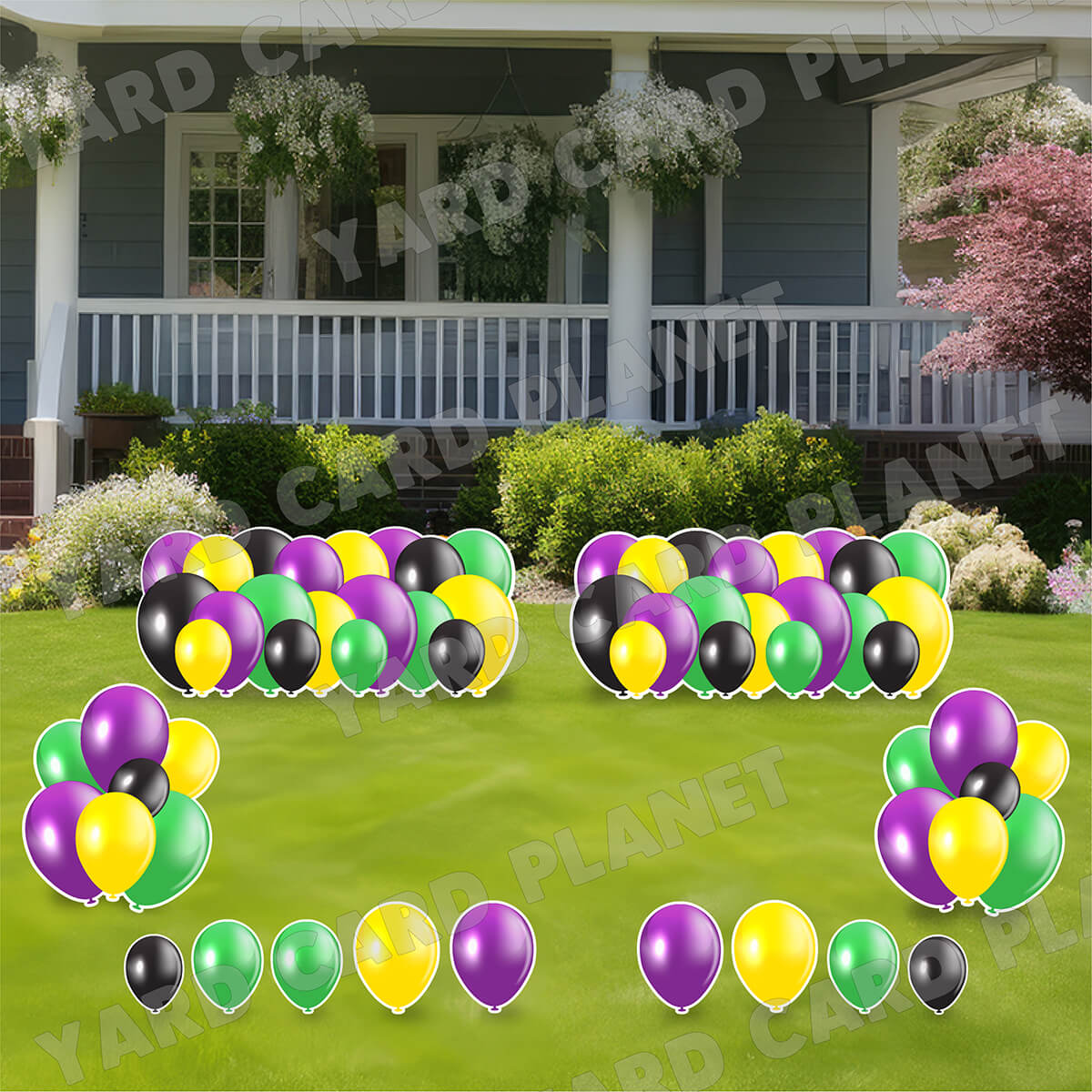 Mardi Gras Colored Balloon Panels, Bouquets and Singles Yard Card Set