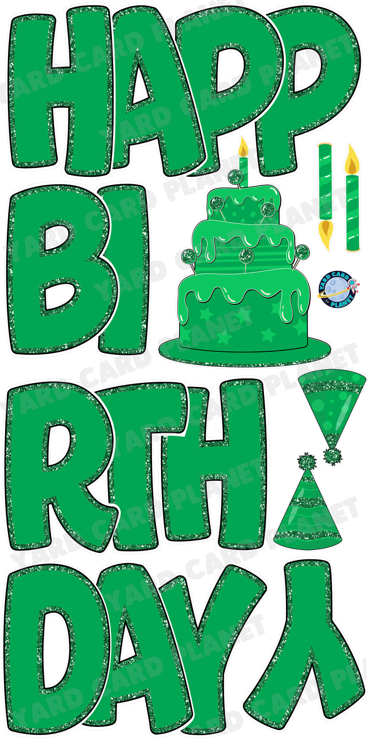 Large 23" Green Happy Birthday Yard Card EZ Quick Sets in Bouncy Bold Font and Birthday Flair