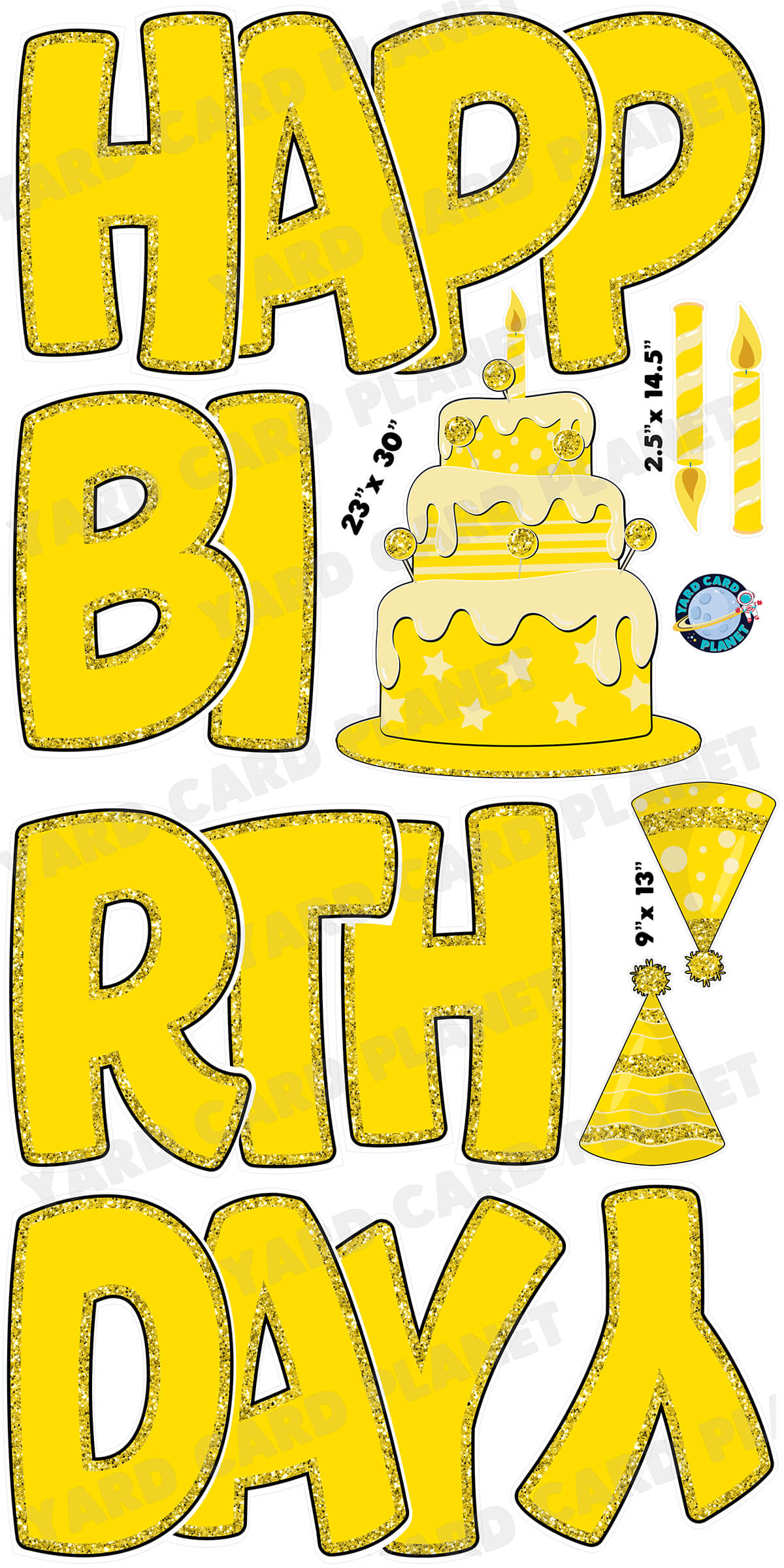 Large 23" Yellow Happy Birthday Yard Card EZ Quick Sets in Bouncy Bold Font and Birthday Flair