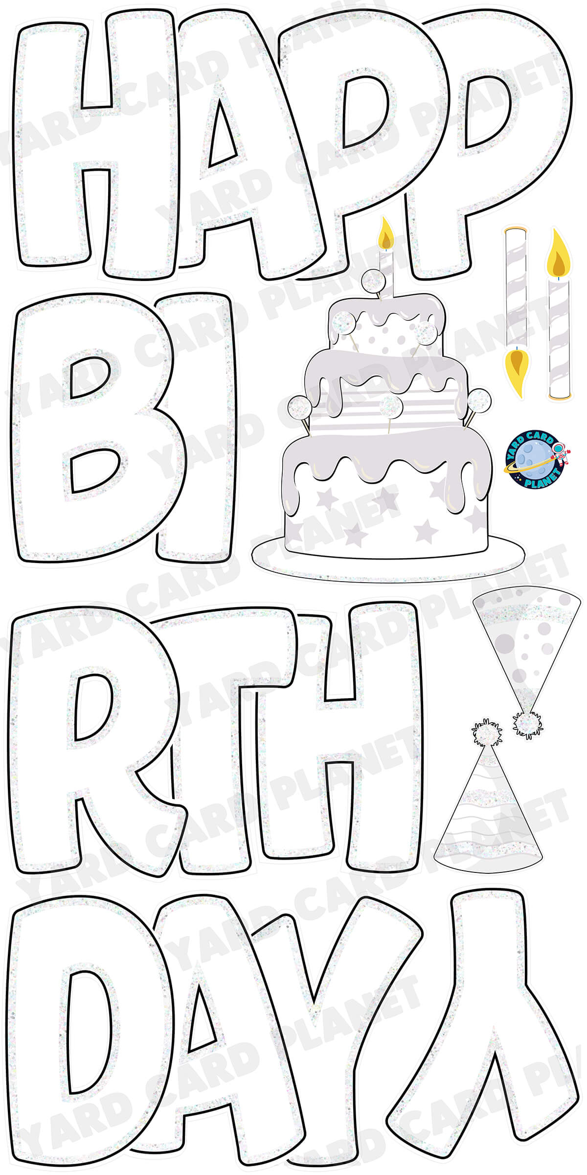 Large 23" White Happy Birthday Yard Card EZ Quick Sets in Bouncy Bold Font and Birthday Flair