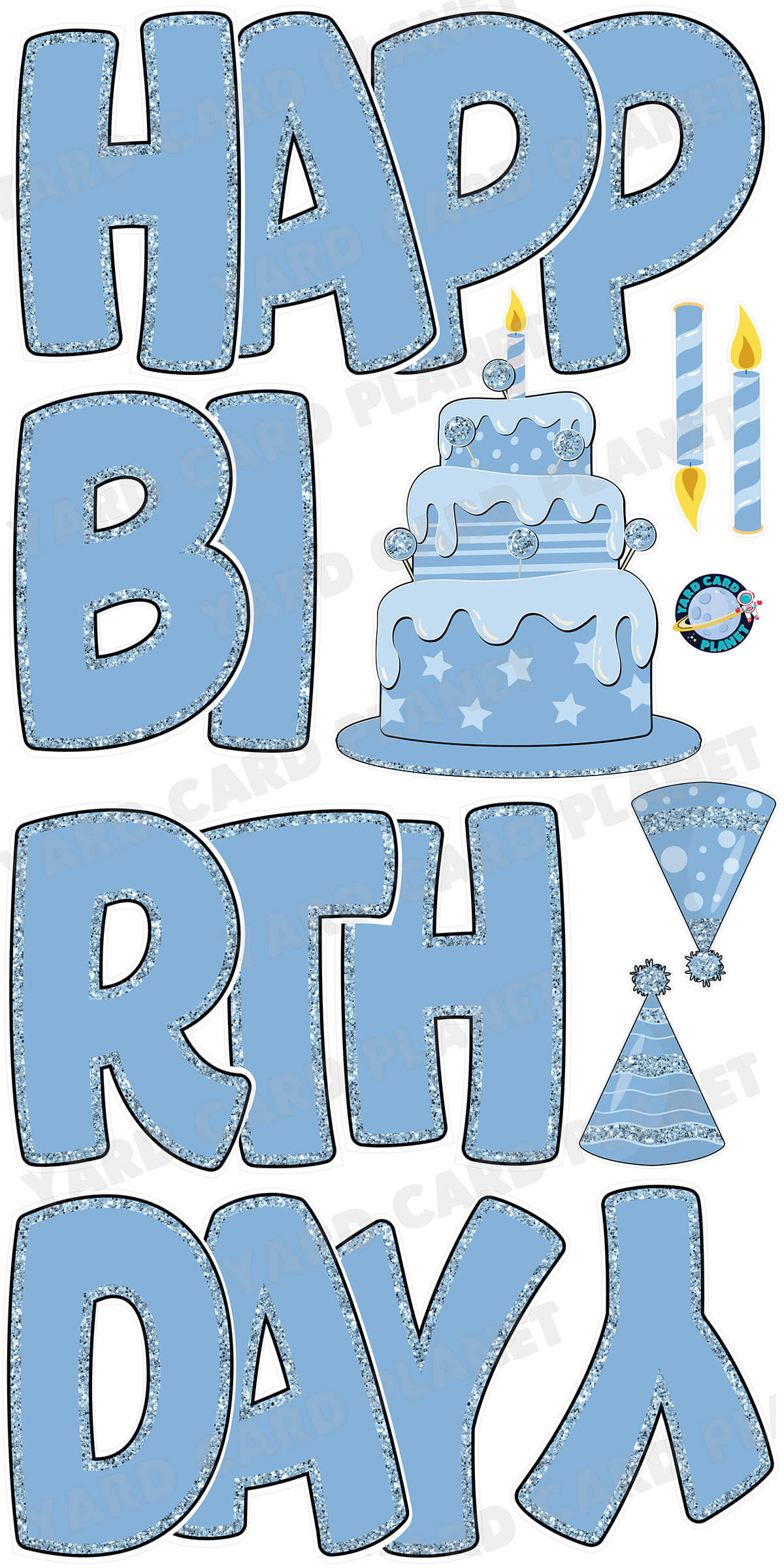Large 23" Baby Blue Happy Birthday Yard Card EZ Quick Sets in Bouncy Bold Font and Birthday Flair