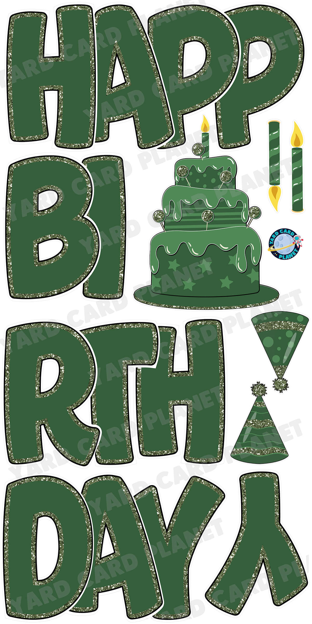 Large 23" Hunter Green Happy Birthday Yard Card EZ Quick Sets in Bouncy Bold Font and Birthday Flair