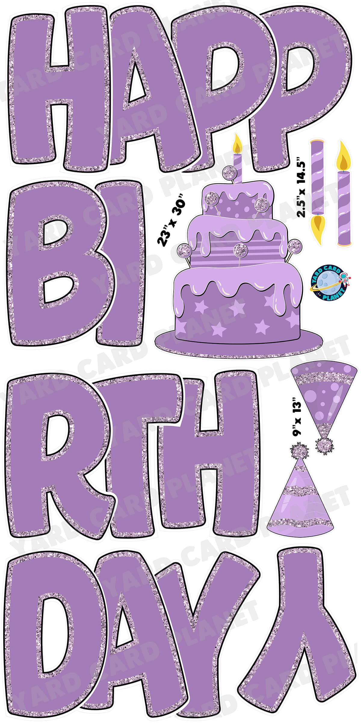 Large 23" Light Purple Happy Birthday Yard Card EZ Quick Sets in Bouncy Bold Font and Birthday Flair
