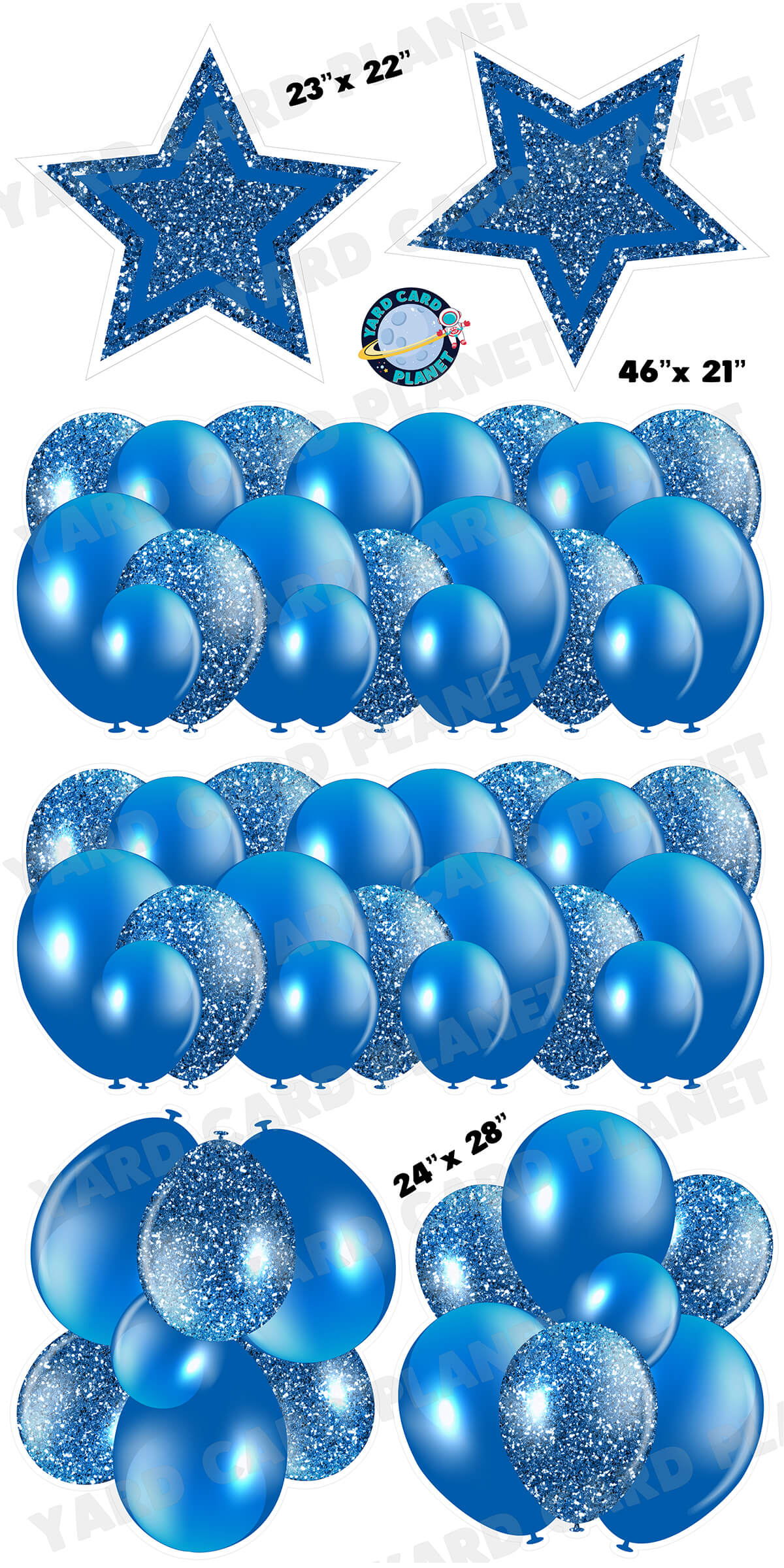 Blue Solid and Glitter Pattern Balloon Panels, Bouquets and Large Stars Yard Card Set