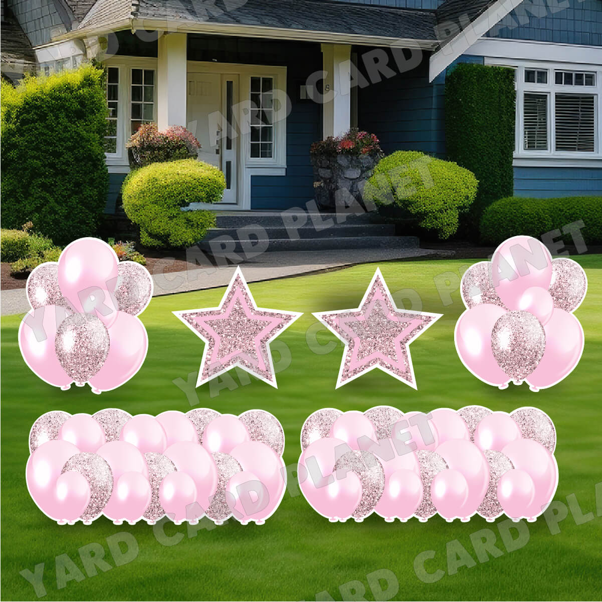Light Pink Solid and Glitter Pattern Balloon Panels, Bouquets and Large Stars Yard Card Set