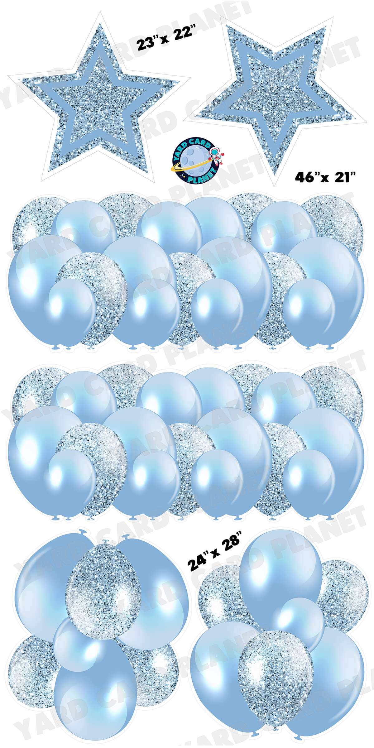Baby Blue Solid and Glitter Pattern Balloon Panels, Bouquets and Large Stars Yard Card Set