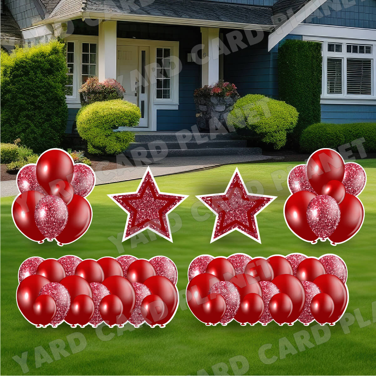 Maroon Solid and Glitter Pattern Balloon Panels, Bouquets and Large Stars Yard Card Set