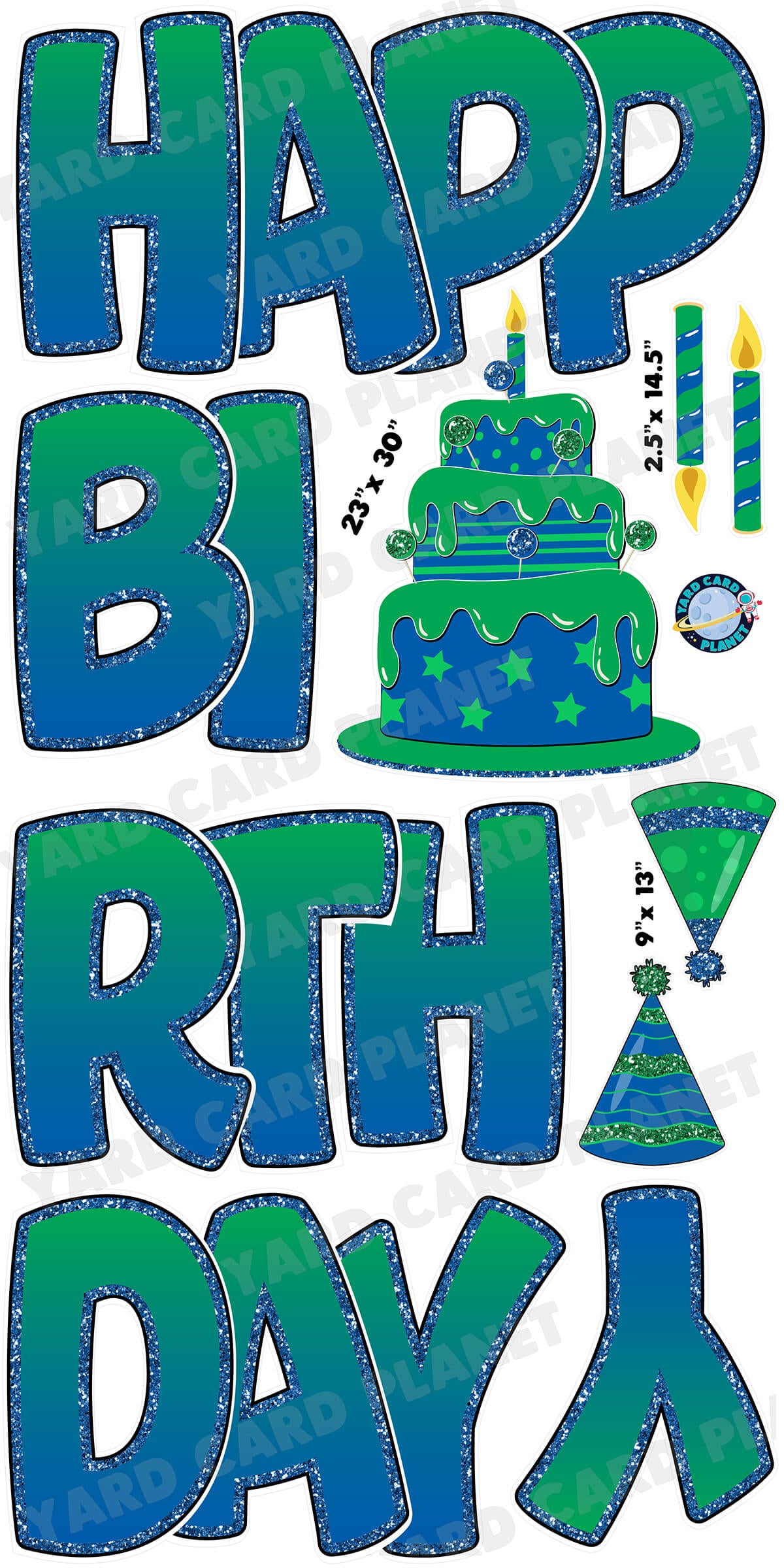 Large 23" Green and Blue Happy Birthday Yard Card EZ Quick Sets in Bouncy Bold Font and Birthday Flair