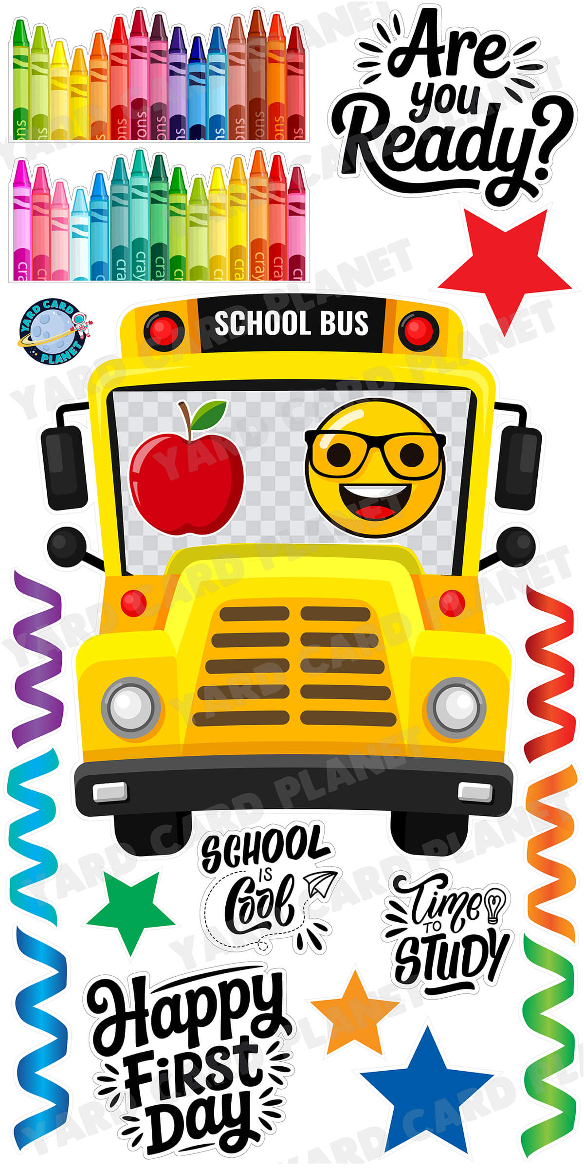 Extra Large School Bus EZ Quick Frame and Back to School Yard Card Flair Set