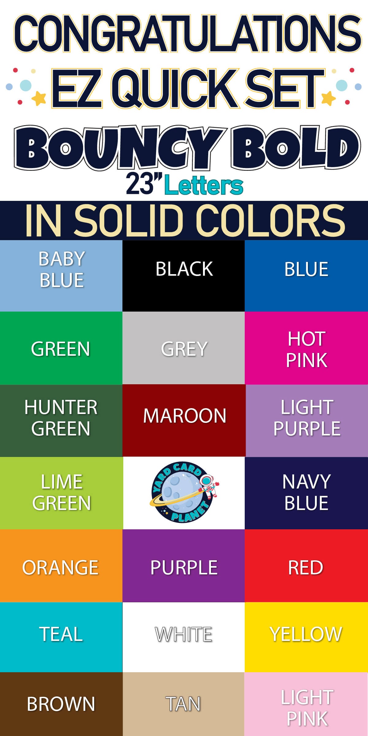 Large 23" Congratulations Yard Card EZ Quick Set in Bouncy Bold Font in Solid Colors with Glitter Trim - (Available in Multiple Colors)