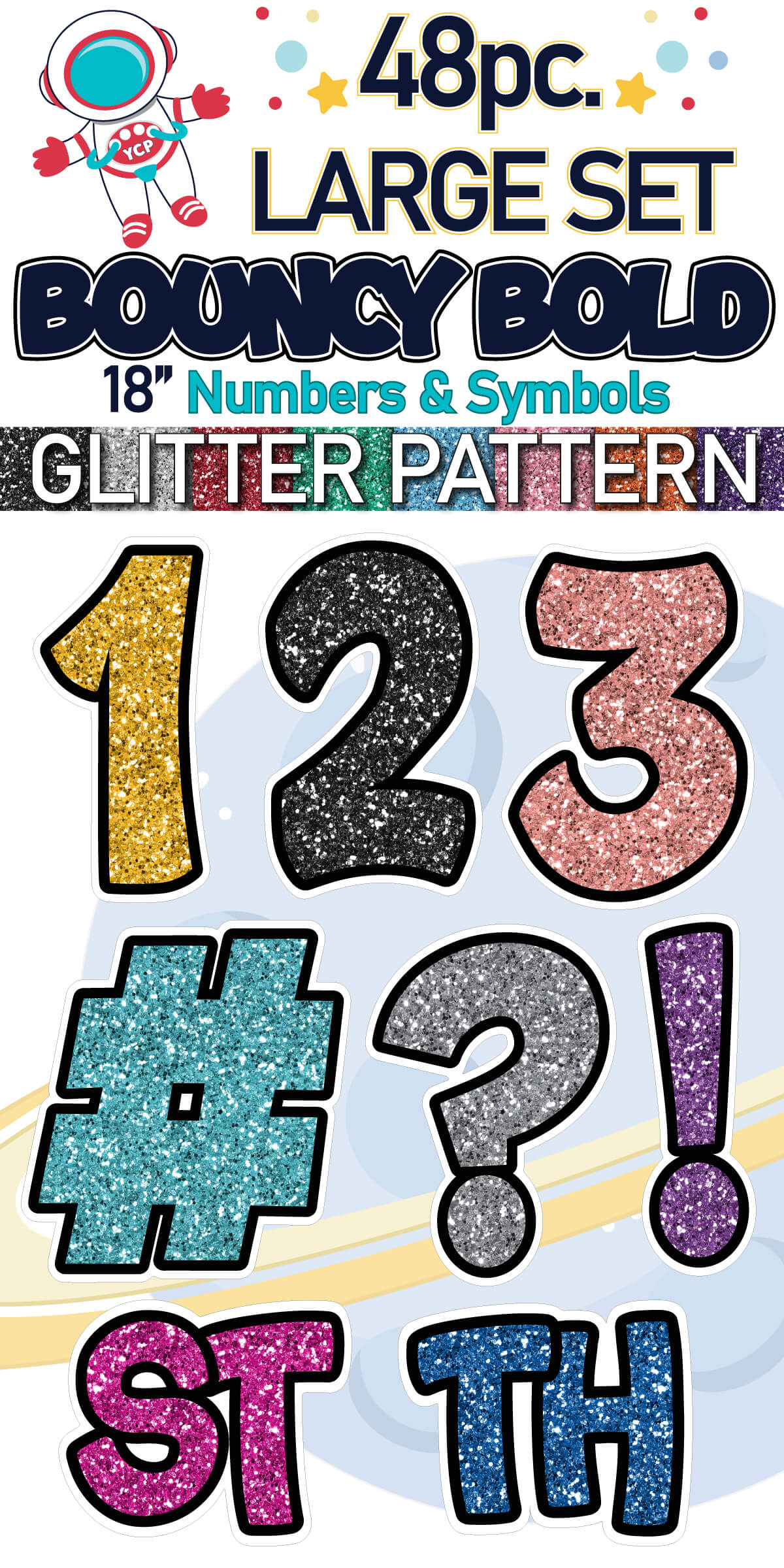 18" Bouncy Bold BB 48 pc. Numbers and Symbols Set in Glitter Pattern