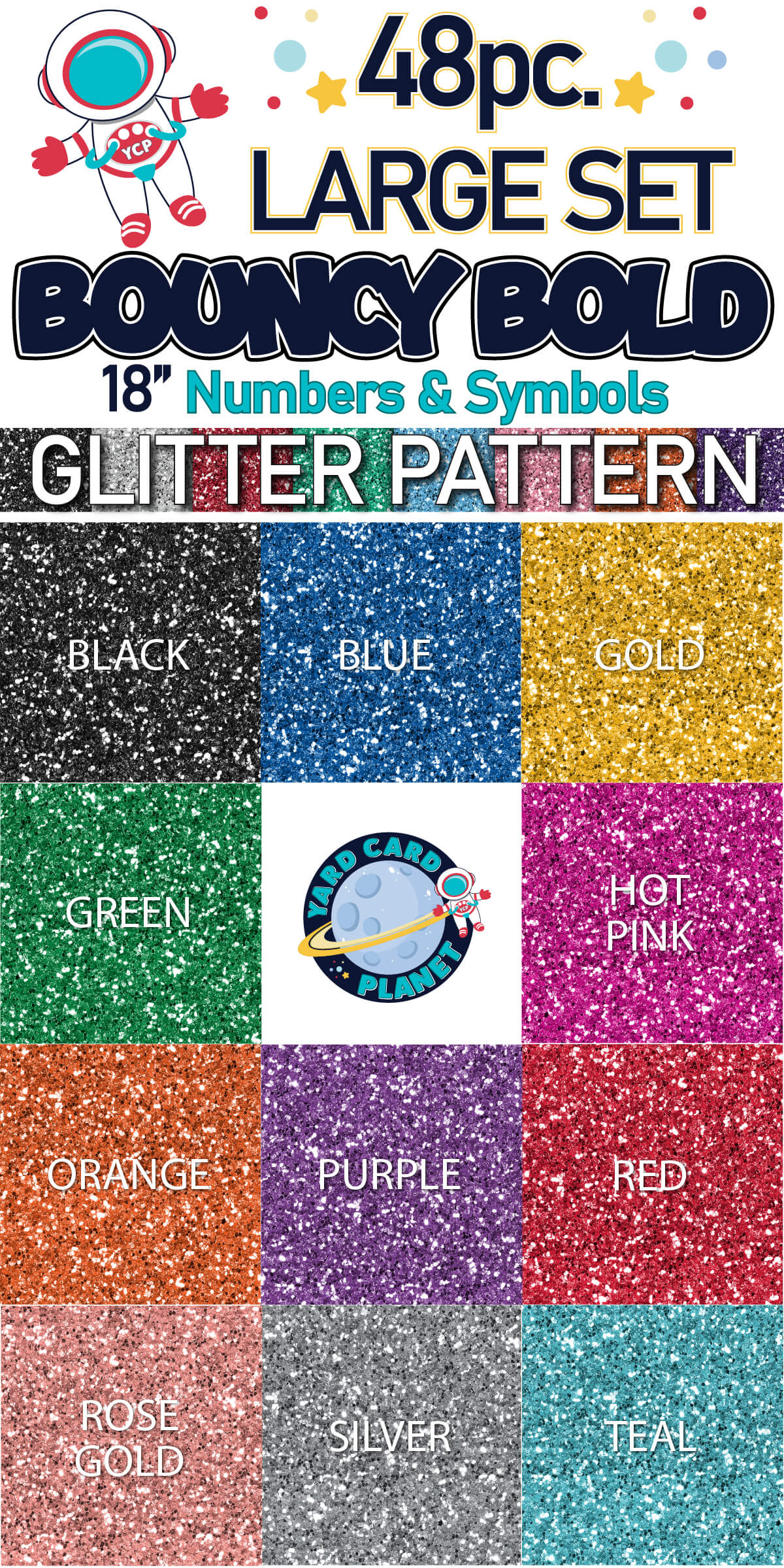 18" Bouncy Bold BB 48 pc. Numbers and Symbols Set in Glitter Pattern