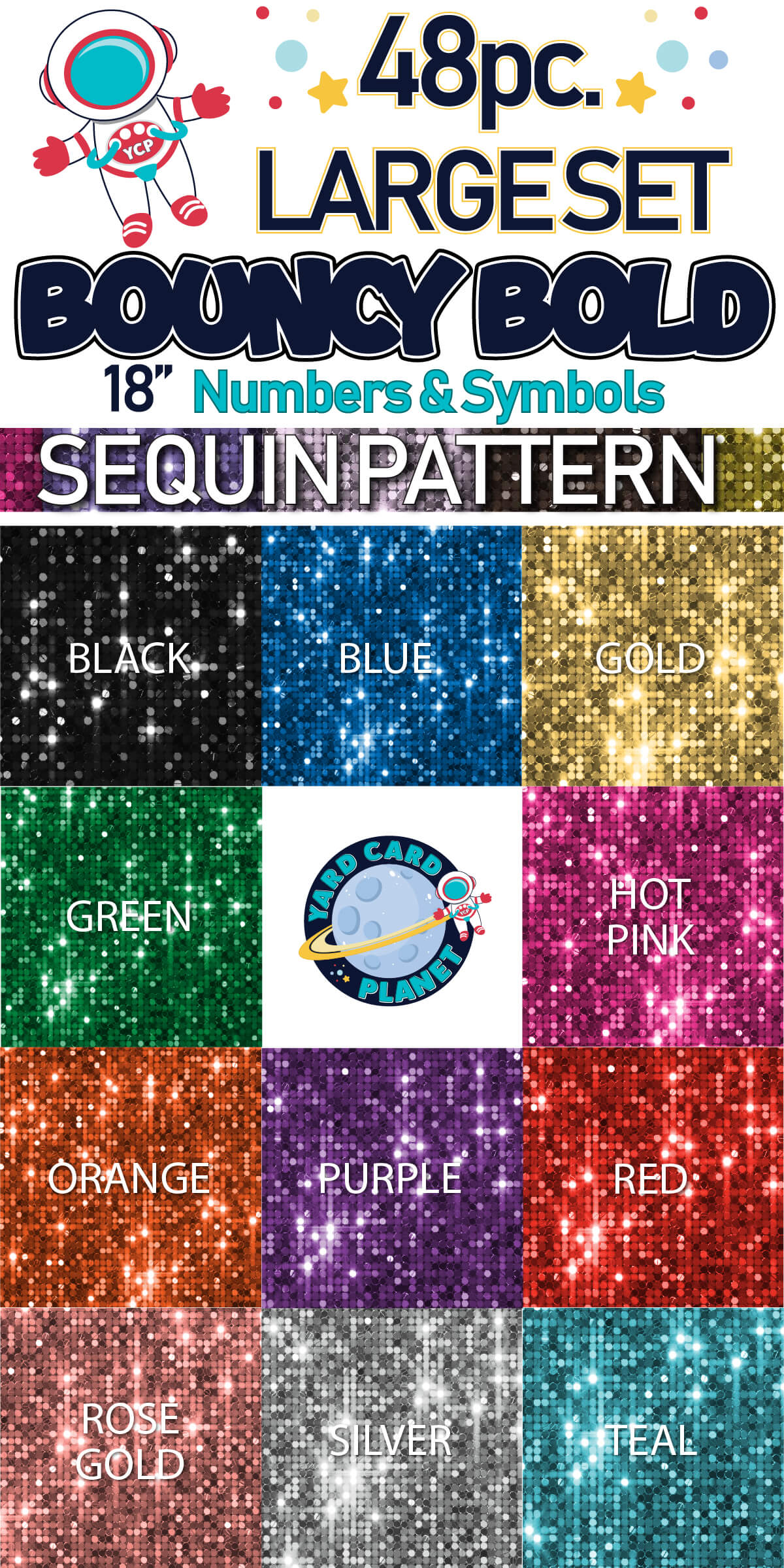 18" Bouncy Bold BB 48 pc. Numbers and Symbols Set in Sequin Pattern