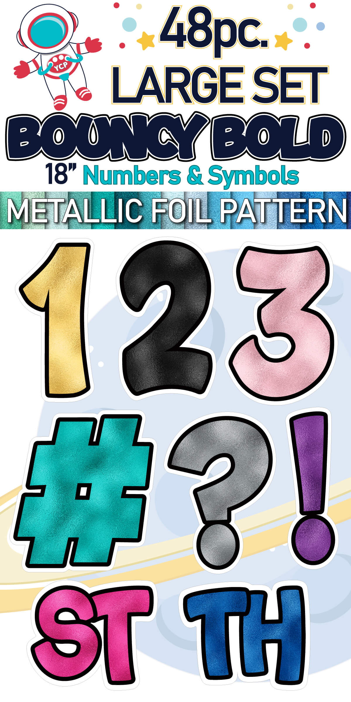 18" Bouncy Bold BB 48 pc. Numbers and Symbols Set in Metallic Foil Pattern