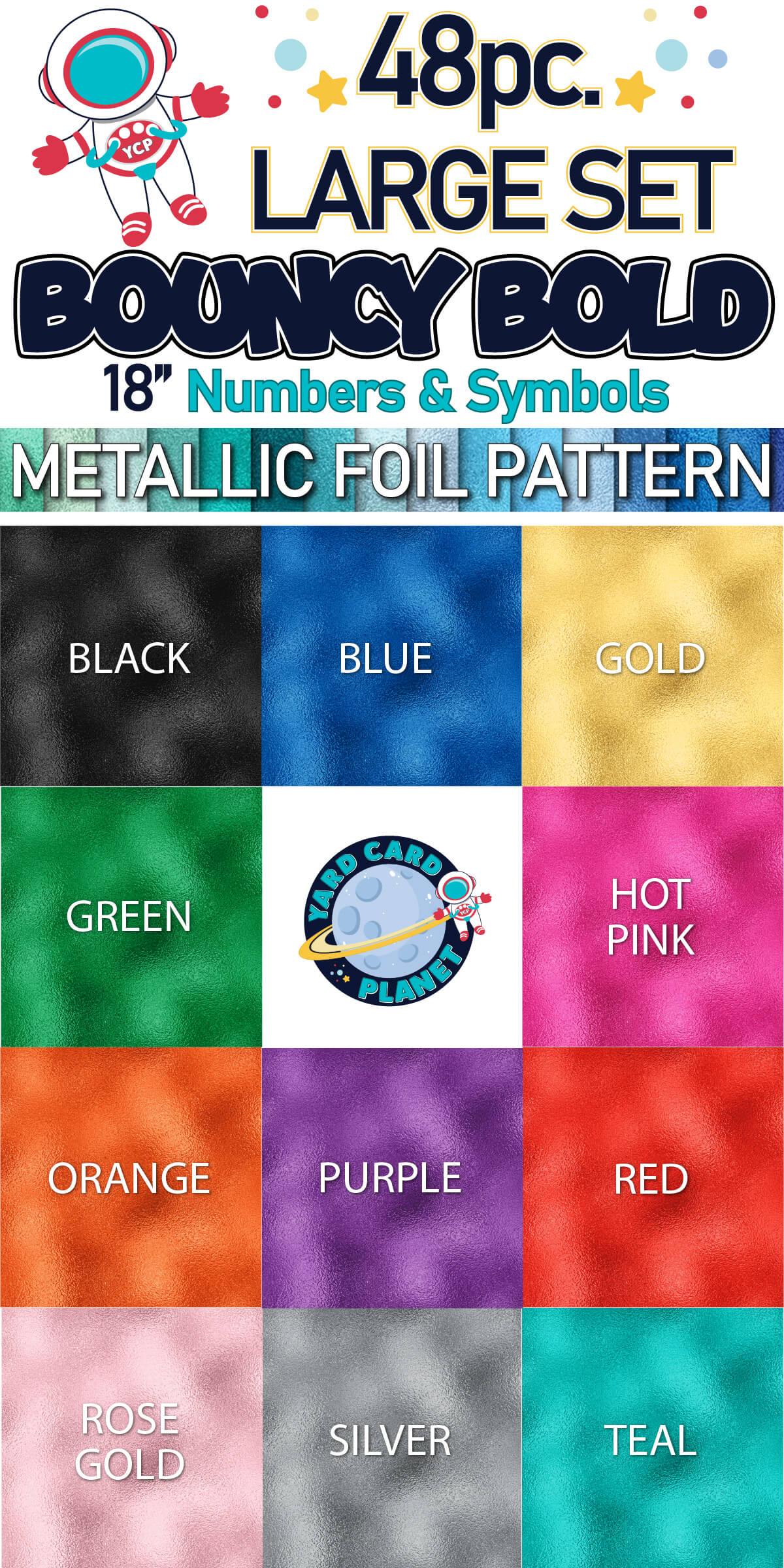18" Bouncy Bold BB 48 pc. Numbers and Symbols Set in Metallic Foil Pattern