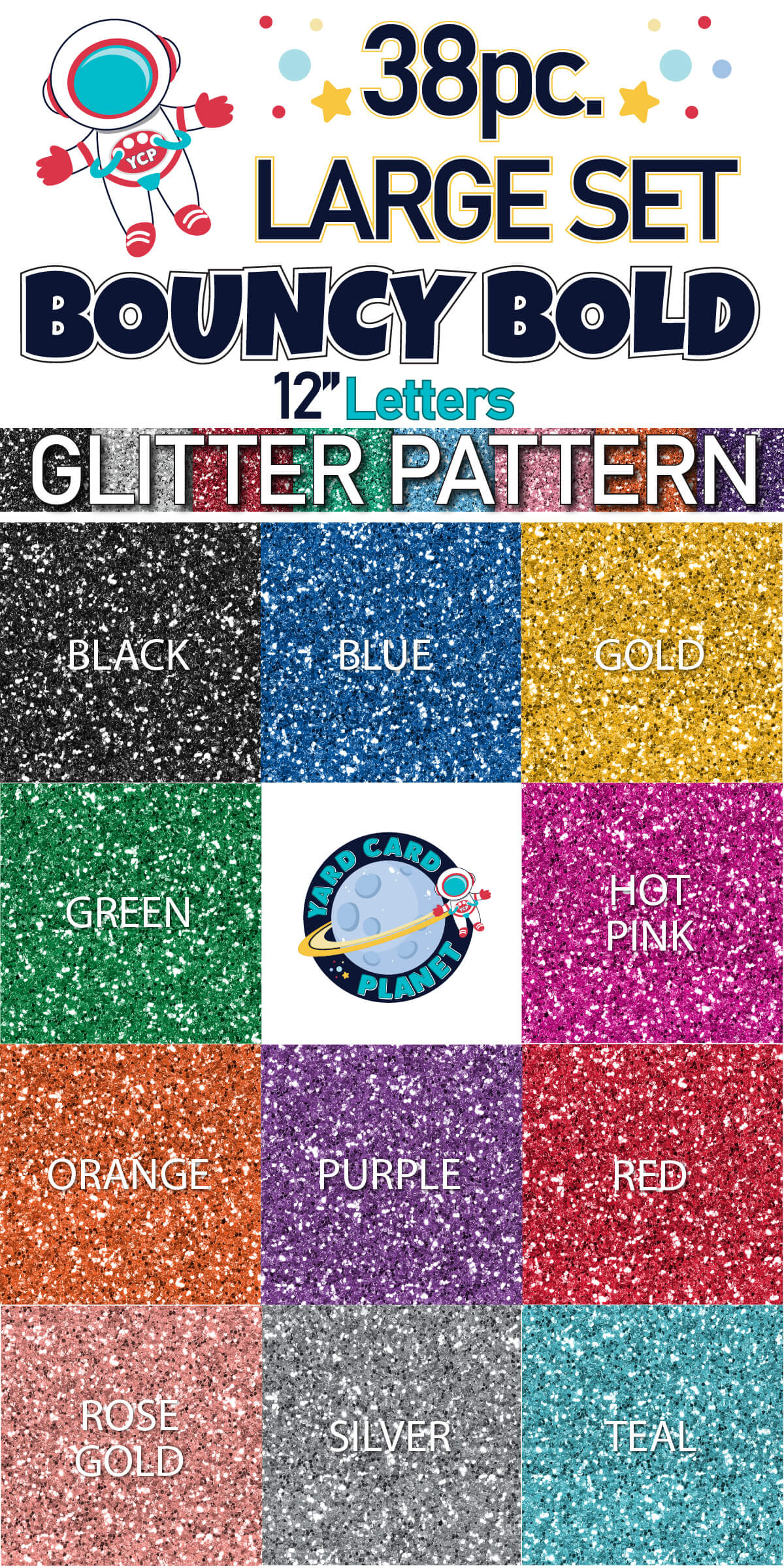 12" Bouncy Bold BB 38 pc. Letter Set in Glitter Pattern