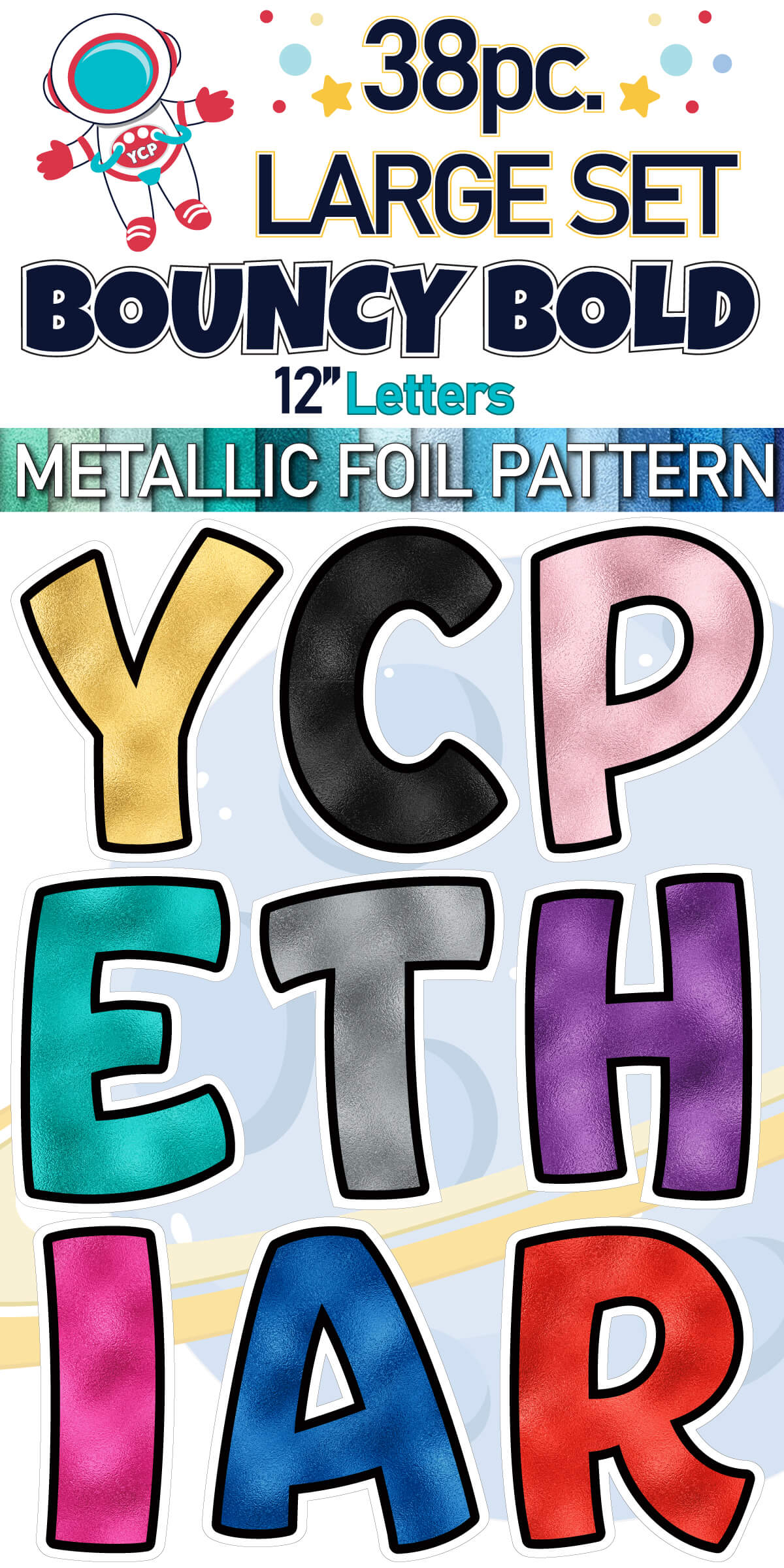 12" Bouncy Bold BB 38 pc. Letter Set in Metallic Foil Pattern