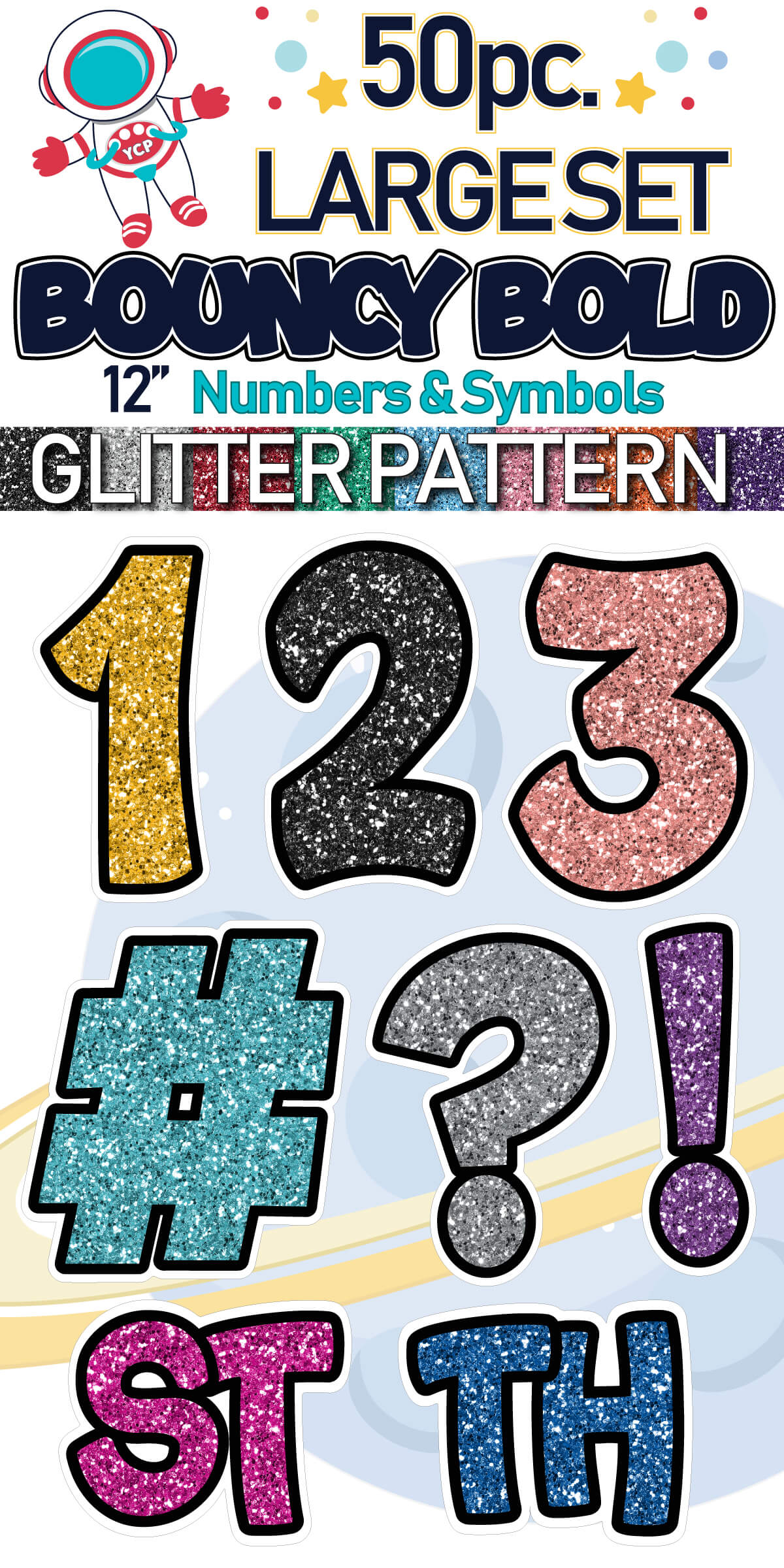 12" Bouncy Bold BB 50 pc. Numbers and Symbols Set in Glitter Pattern