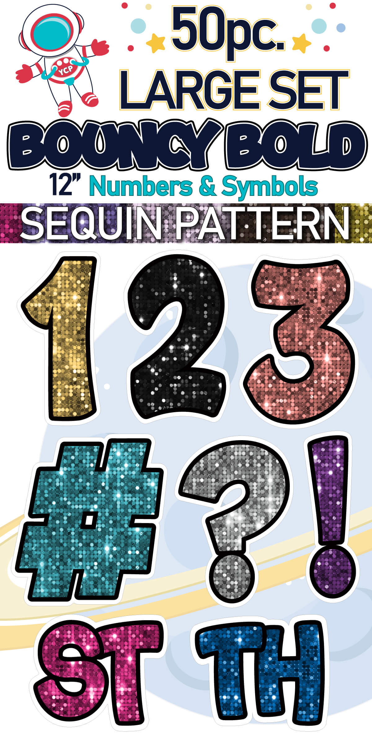 12" Bouncy Bold BB 50 pc. Numbers and Symbols Set in Sequin Pattern