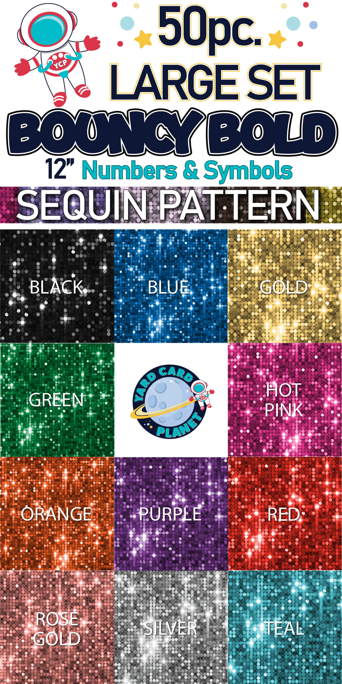 12" Bouncy Bold BB 50 pc. Numbers and Symbols Set in Sequin Pattern